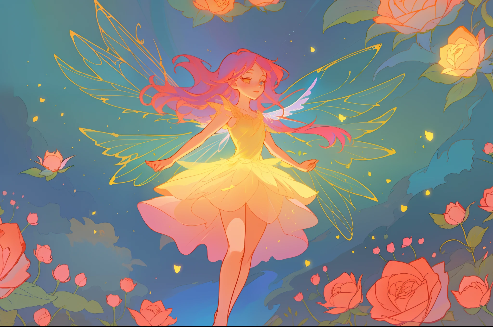 beautiful girl in flowing layered dress, flower fairy, dress that looks like a flower or rose, roses, colorful flowers, inspired by Glen Keane, inspired by Lois van Baarle, disney art style, by Lois van Baarle, glowing aura around her, by Glen Keane, jen bartel, glowing lights! digital painting, flowing glowing hair, glowing flowing hair, beautiful digital illustration, fantasia otherworldly landscape plants flowers, beautiful, masterpiece, best quality, anime disney style, (sharp focus), intricate detail, fine detail, perfection, golden ratio, (fairy wings)