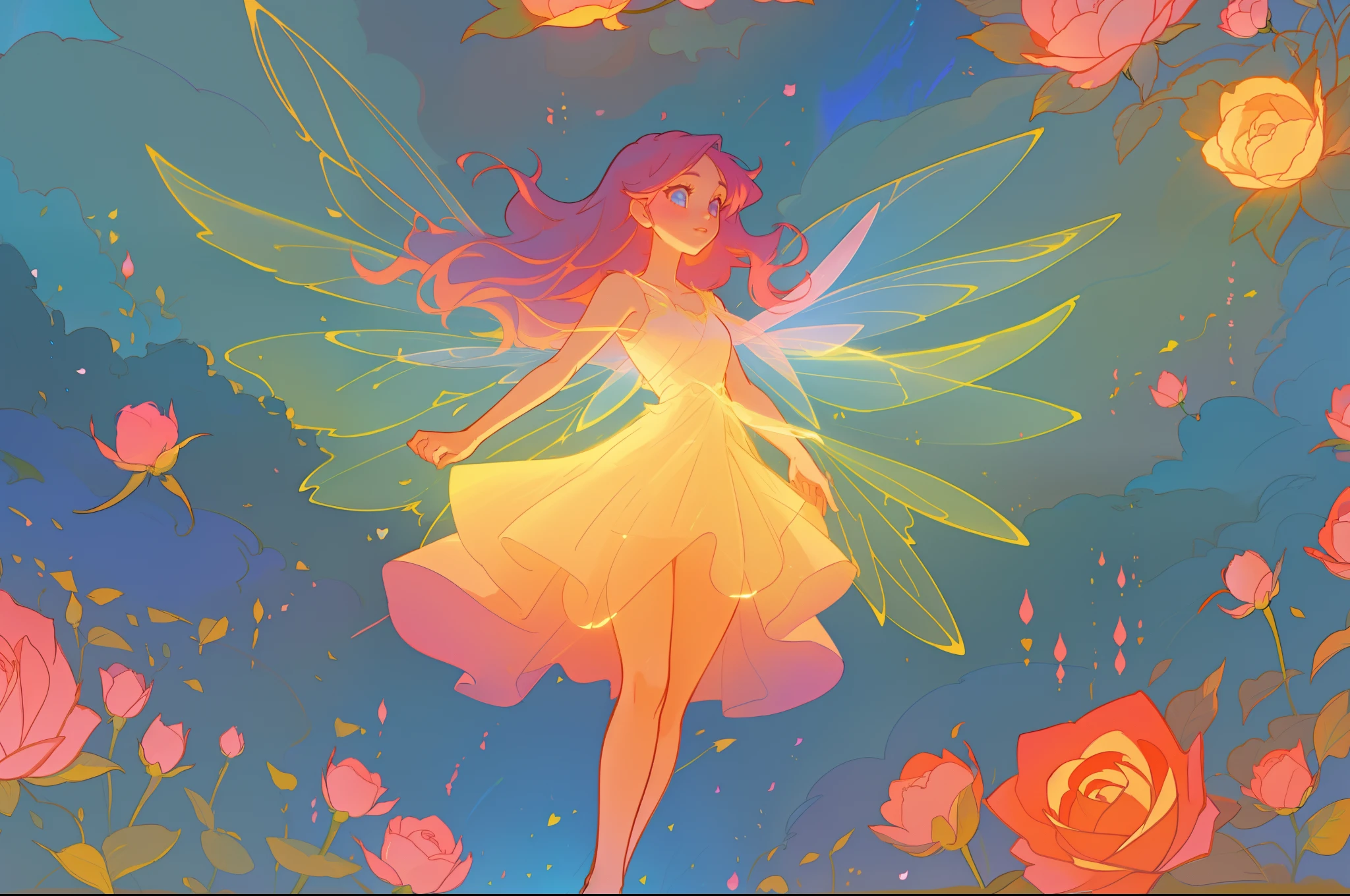 beautiful girl in flowing layered dress, flower fairy, dress that looks like a flower or rose, roses, colorful flowers, inspired by Glen Keane, inspired by Lois van Baarle, disney art style, by Lois van Baarle, glowing aura around her, by Glen Keane, jen bartel, glowing lights! digital painting, flowing glowing hair, glowing flowing hair, beautiful digital illustration, fantasia otherworldly landscape plants flowers, beautiful, masterpiece, best quality, anime disney style, (sharp focus), intricate detail, fine detail, perfection, golden ratio, (fairy wings)