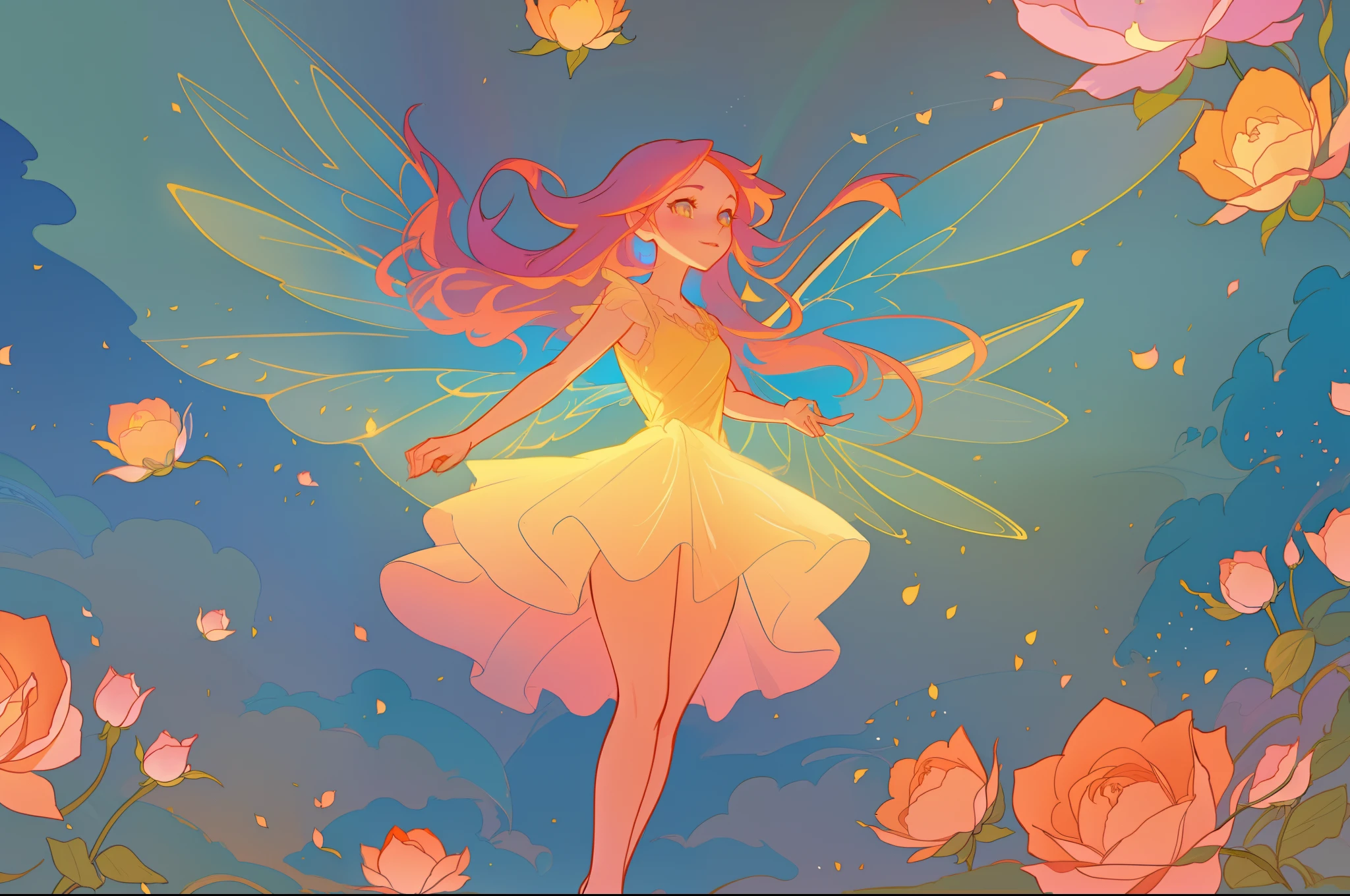 beautiful girl in flowing layered dress, flower fairy, dress that looks like a flower or rose, roses, colorful flowers, inspired by Glen Keane, inspired by Lois van Baarle, disney art style, by Lois van Baarle, glowing aura around her, by Glen Keane, jen bartel, glowing lights! digital painting, flowing glowing hair, glowing flowing hair, beautiful digital illustration, fantasia otherworldly landscape plants flowers, beautiful, masterpiece, best quality, anime disney style, (sharp focus), intricate detail, fine detail, perfection, golden ratio, (fairy wings)