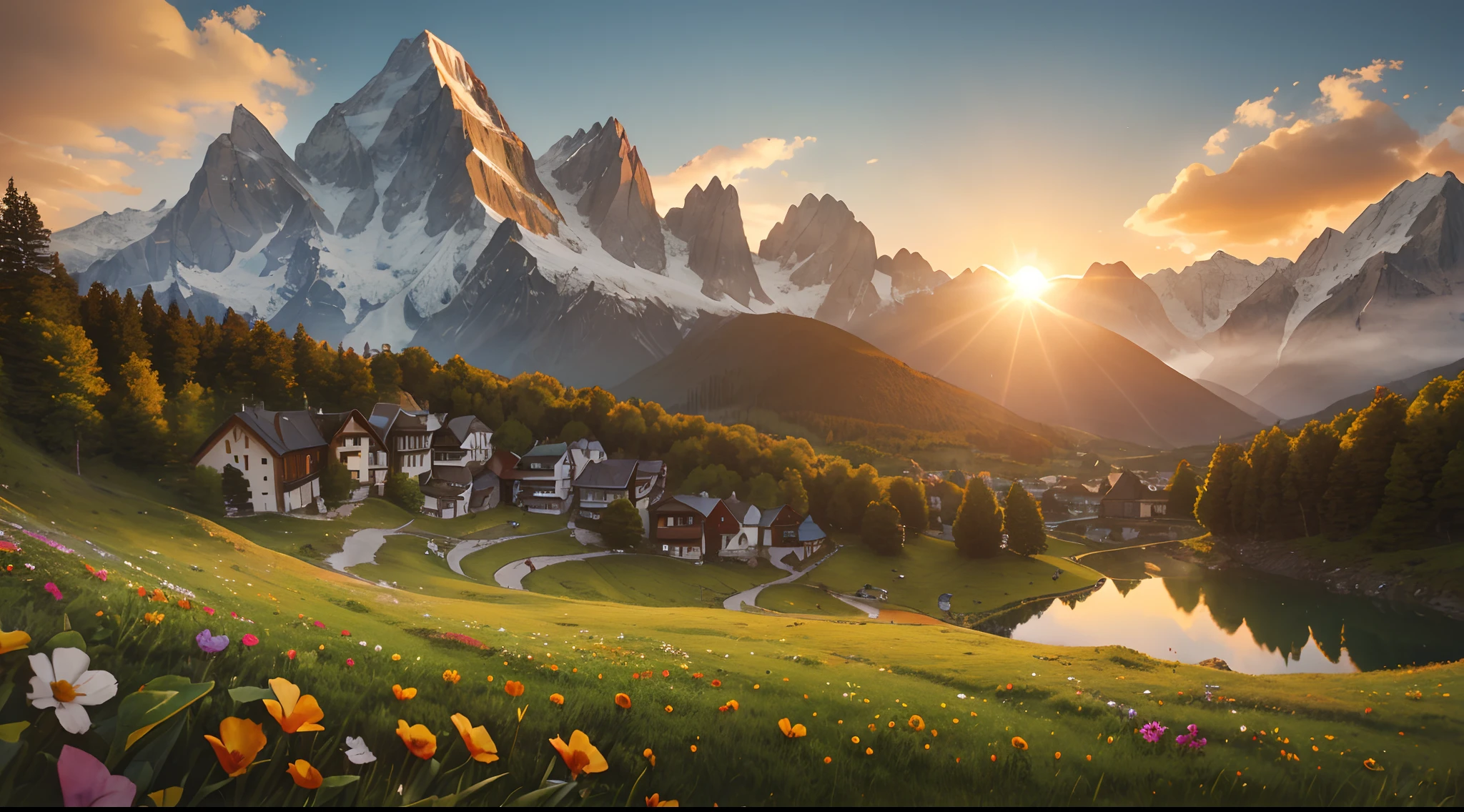 Sunrise over a troglodyte town attached to the mountain, alpine peaks (Mont Blanc: altitude of 4808 meters, the highest peak in Western Europe and the European Union), The deep blue sky and the valleys surrounding the city are green and dotted with wild flowers typical of alpine pastures, fir, larch. Mountain lake with reflection. majestic, picturesque, wild, nature, serenity, (16k, beste-Qualit, Hdr, Better resolution, master piece:1.2), Bright colors of the sun, red, orange and yellow, Bokeh, Realistic Photography, Canon 5d4.