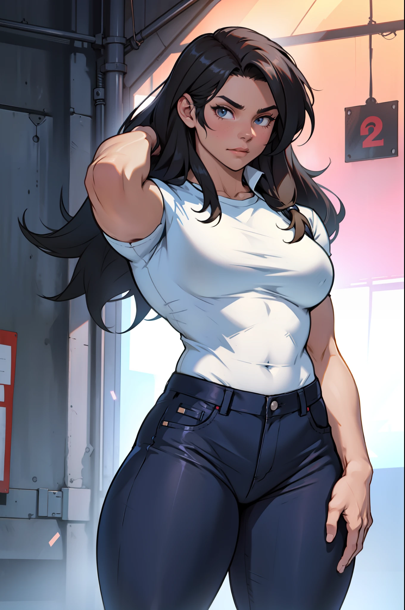 extremely long hair perfect anatomy 1 girl tall solo curvy (muscular) tight shirt tight pants cowboy shot