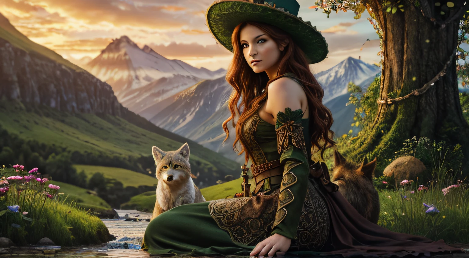 high details, best quality, 8k, [ultra detailed], masterpiece, best quality, (extremely detailed), dynamic angle, (ultra wide shot), RAW, photorealistic, fantasy art, dnd art, rpg art, realistic art, a wide angle picture of a female fairie ranger and her pet wolf, warrior of nature, fighter of nature, full body, [[anatomically correct]]. dynamic position (1.5 intricate details, Masterpiece, best quality) talking to a wolf (1.6 intricate details, Masterpiece, best quality), by a small rustic home (1.5 intricate details, Masterpiece, best quality), a female wearing (medium length dark green dress) with thigh high leather boots and green hat (1.6 intricate details, Masterpiece, best quality), thick hair, long hair, auburn red hair, fair skin intense ((brown)) eyes, at small (rustic home) and a stream flowing and mountains nearby in the backgraound (1.6 intricate details, Masterpiece, best quality), dawn light, clouds (1.4 intricate details, Masterpiece, best quality), dynamic angle, (1.4 intricate details, Masterpiece, best quality) 3D rendering, high details, best quality, highres, ultra wide angle, celtic fantasy, (clovers), poison ivy, fae, wearing green tophat, pixie, fairy, celtic, celtic fantasy art, celtic fantasy, beautiful fairie, beautiful fairy, very beautiful fantasy art, Autumn, beautiful autumn spirit, fall season, (Dark colored roses), perfect creation, perfect art, highly detailed, detailed art, masterpiece, perfect creation, perfect art, (outlined iris), ((perfect eyes)),