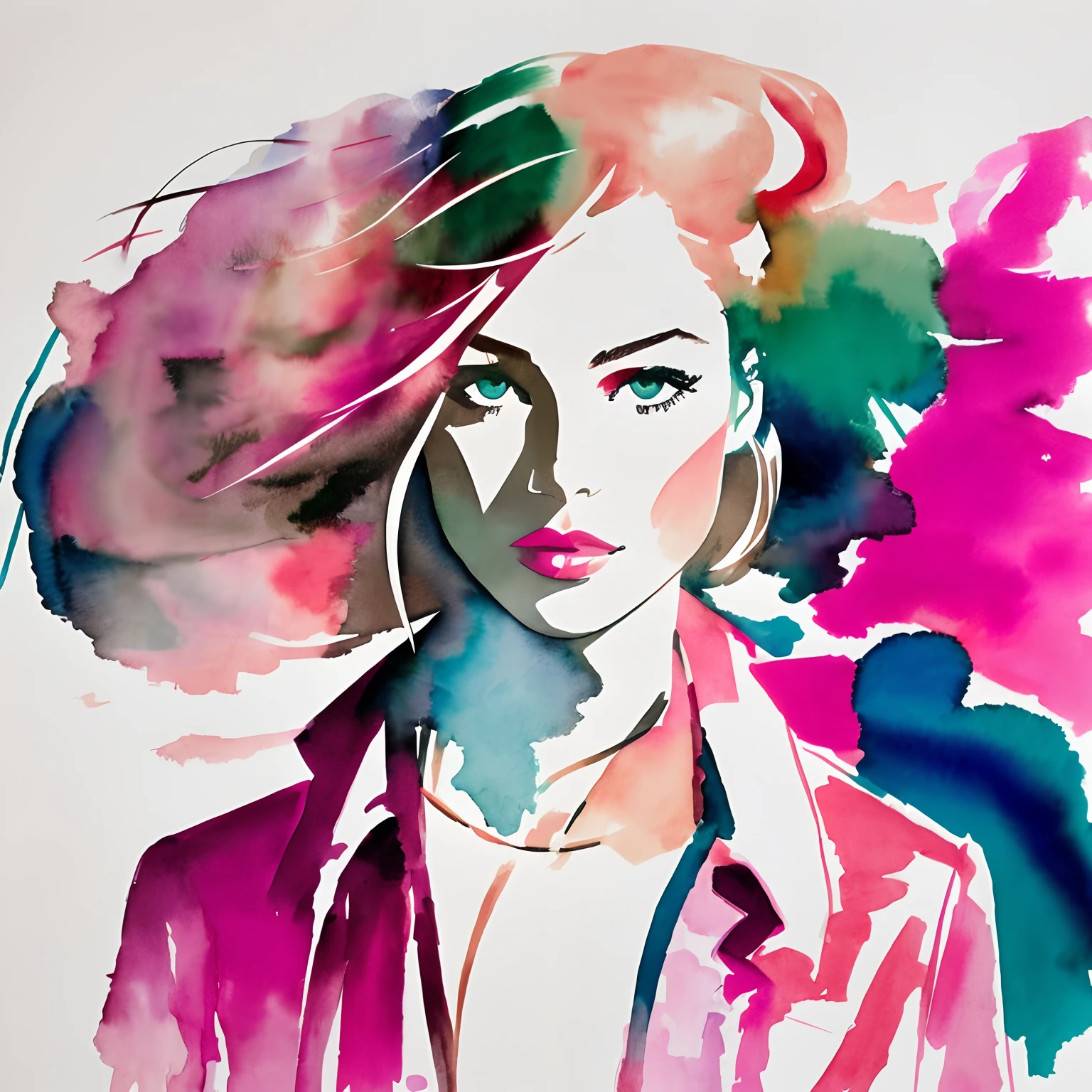 David downton fashion illustration, watercolor drawing, blonde woman, thin hair, pink coat, elegant, street, blue, green, beige, lilnac, natural gentle colors