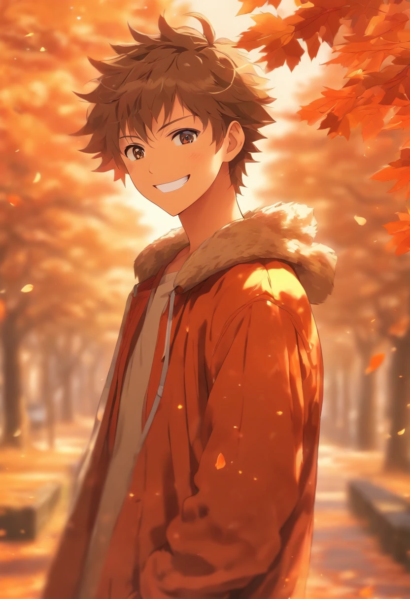 (((masterpiece))),best quality, autumn scenery, 1man, warm color, short hair, smile, calm expression