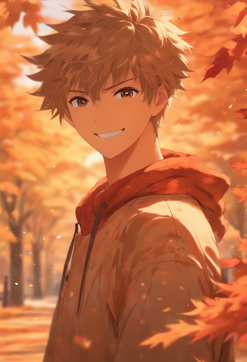 (((masterpiece))),best quality, autumn scenery, 1man, warm color, short hair, smile, calm expression