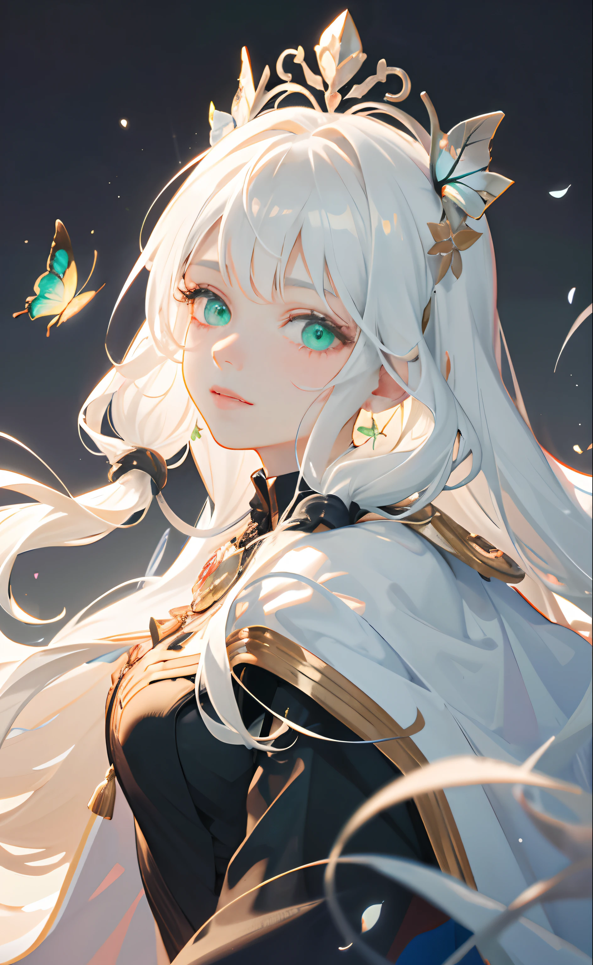masterpiece, best quality, (white long hair: 1.7), (beautiful green eyes: 1.7), (short black cape: 1.3). (modern city: 1.5), girl, one flower on the head, ((High Detail Skin, Visible Pores)), (Perfect Figure), A Beautiful Girl, Side Light, (Fine Beautiful Eyes: 1.2), (Masterpiece), Portrait, (Bust), Realistic, Anatomically Correct, 3D Face, Sweet Skin, Cute Face, bright Eyes, luminous butterflies