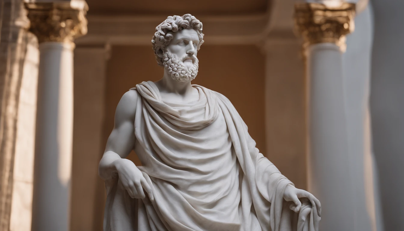 A realistic Greek white marble statue of Marcus Aurelius thoughtful detailed wearing a ghostly toga, fundo sombrio, Moody, , fotorrealista, thoughtful movie dinner, super detalhada, hiper realista, pouca luz, 8K