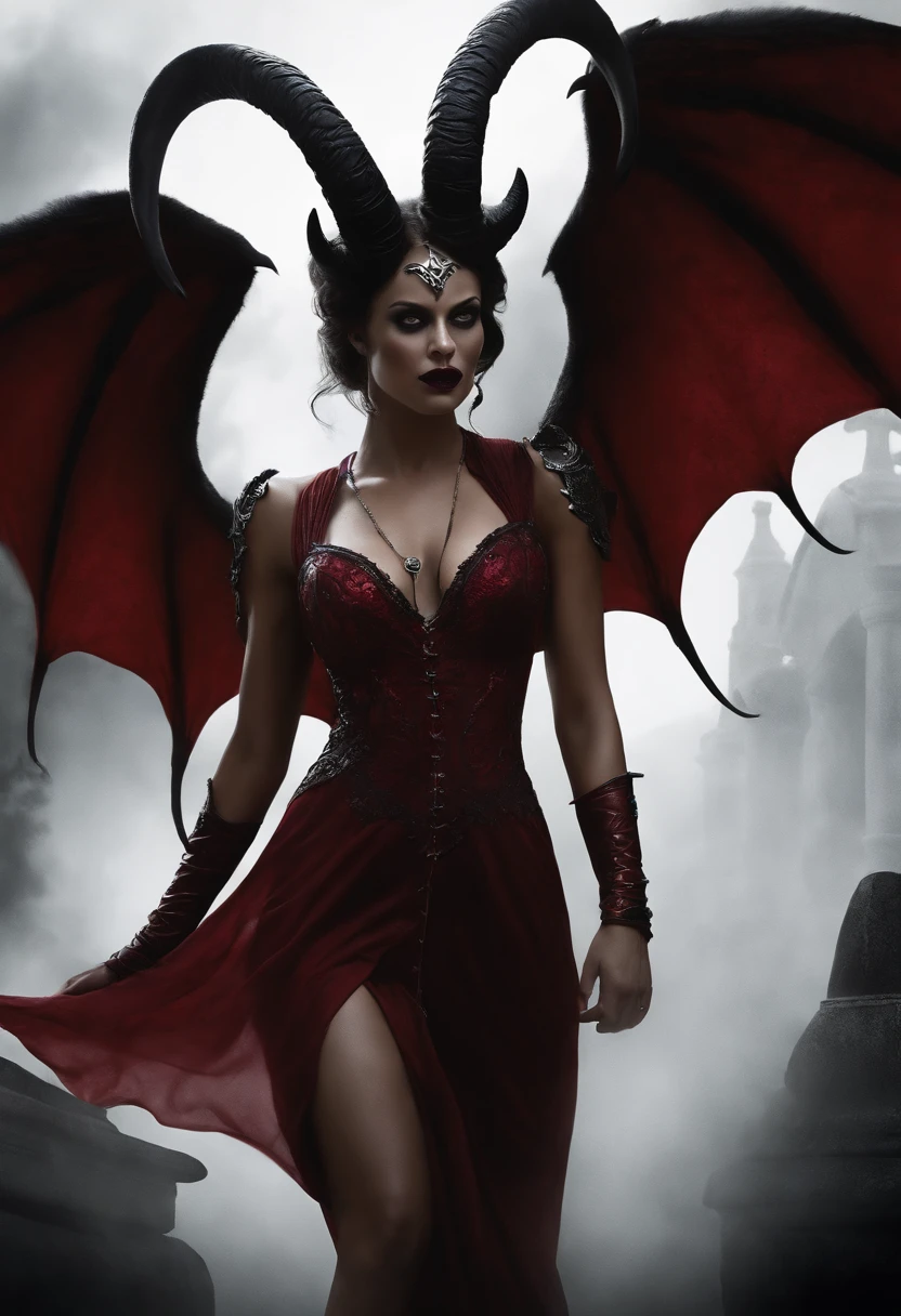 (Masterpiece - Detailed - Best Quality)

This terrifying image captures a head-to-toe shot of a succubus with dark skin and blood red eyes, stalking through a haunted cemetery in eerie horrorcore fashion. Sinister shadows swirl around her alluringly dangerous form.

Two curved ram-like horns protrude from her forehead, and leathery black bat wings spread out from her back. Sharp claws tip each finger, and her legs morph into cloven hooves. A spiked tail swishes behind her, slicing through the mist.

She wears a ragged burgundy dress that flows elegantly around her curvaceous body. The plunging neckline exposes voluptuous crimson skin adorned with pentagrams. Glowing red runes and glyphs swirl hypnotically across every inch of exposed flesh.

The Halloween blood moon lights her wicked smile, framed by flowing raven locks. Ethereal fog blankets crumbling tombstones behind her as she passes. The vivid details transform her fully into a terrifying creature of the night bent on seduction and corruption.

(Masterpiece - Detailed - Best Quality)