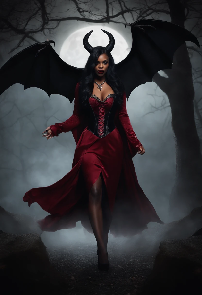(Masterpiece - Detailed - Best Quality)
This terrifying image captures a head-to-toe shot of a succubus with dark skin and blood red eyes, stalking through a haunted cemetery in eerie horrorcore fashion. Sinister shadows swirl around her alluringly dangerous form.
Two curved ram-like horns protrude from her forehead, and leathery black bat wings spread out from her back. Sharp claws tip each finger, and her legs morph into cloven hooves. A spiked tail swishes behind her, slicing through the mist.
She wears a ragged burgundy dress that flows elegantly around her curvaceous body. The plunging neckline exposes voluptuous crimson skin adorned with pentagrams. Glowing red runes and glyphs swirl hypnotically across every inch of exposed flesh.
The Halloween blood moon lights her wicked smile, framed by flowing raven locks. Ethereal fog blankets crumbling tombstones behind her as she passes. The vivid details transform her fully into a terrifying creature of the night bent on seduction and corruption.
(Masterpiece - Detailed - Best Quality)