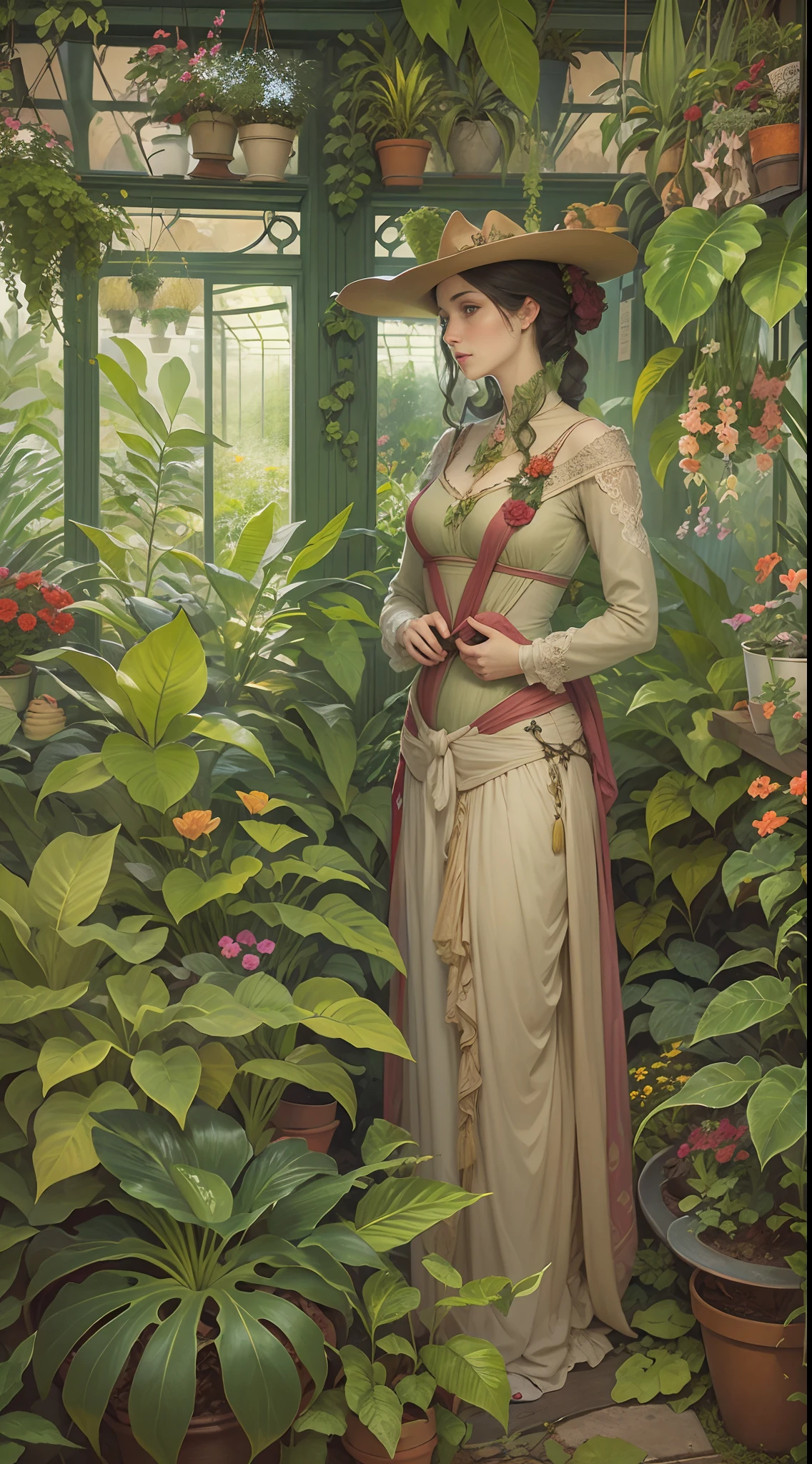 Art Nouveau painting of a female botanist surrounded by exotic plants in a greenhouse, cowboy shot.
