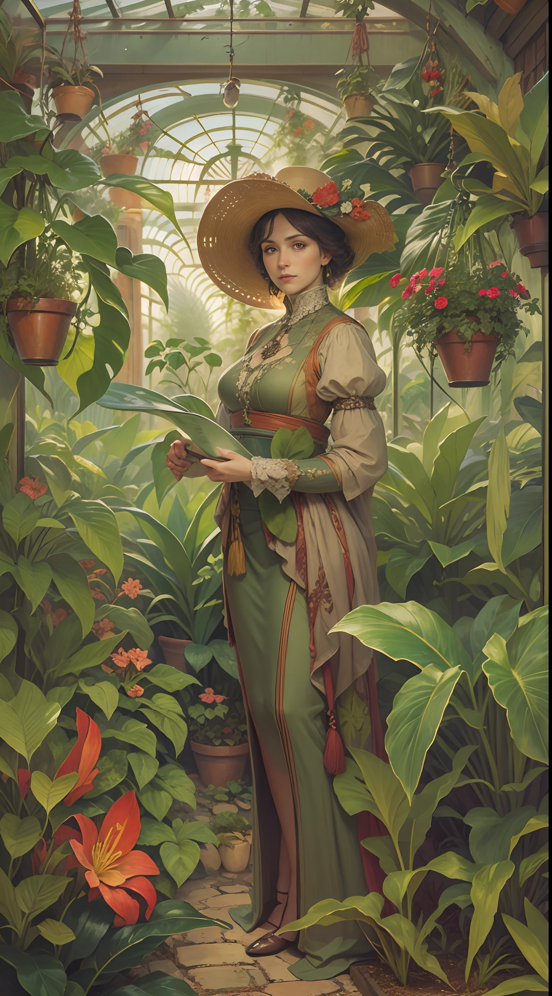 An illustration of a portrait of a beautiful white woman with black hair smiling, dressed with a green and white dress, wearing a straw hat, a sunny day in the background, a lot of details, Perfect centering, Wearing a jacke,With a round face,in green,florals,pentacle,Watches, cheerfulness, Standing position, Abstract beauty, Centered, Looking at the camera, Facing the camera, Approaching perfection, Dynamic, Highly detailed, Smooth, Sharp Focus, 8K, hight resolution, Illustration, art by carne griffiths and wadim kashin