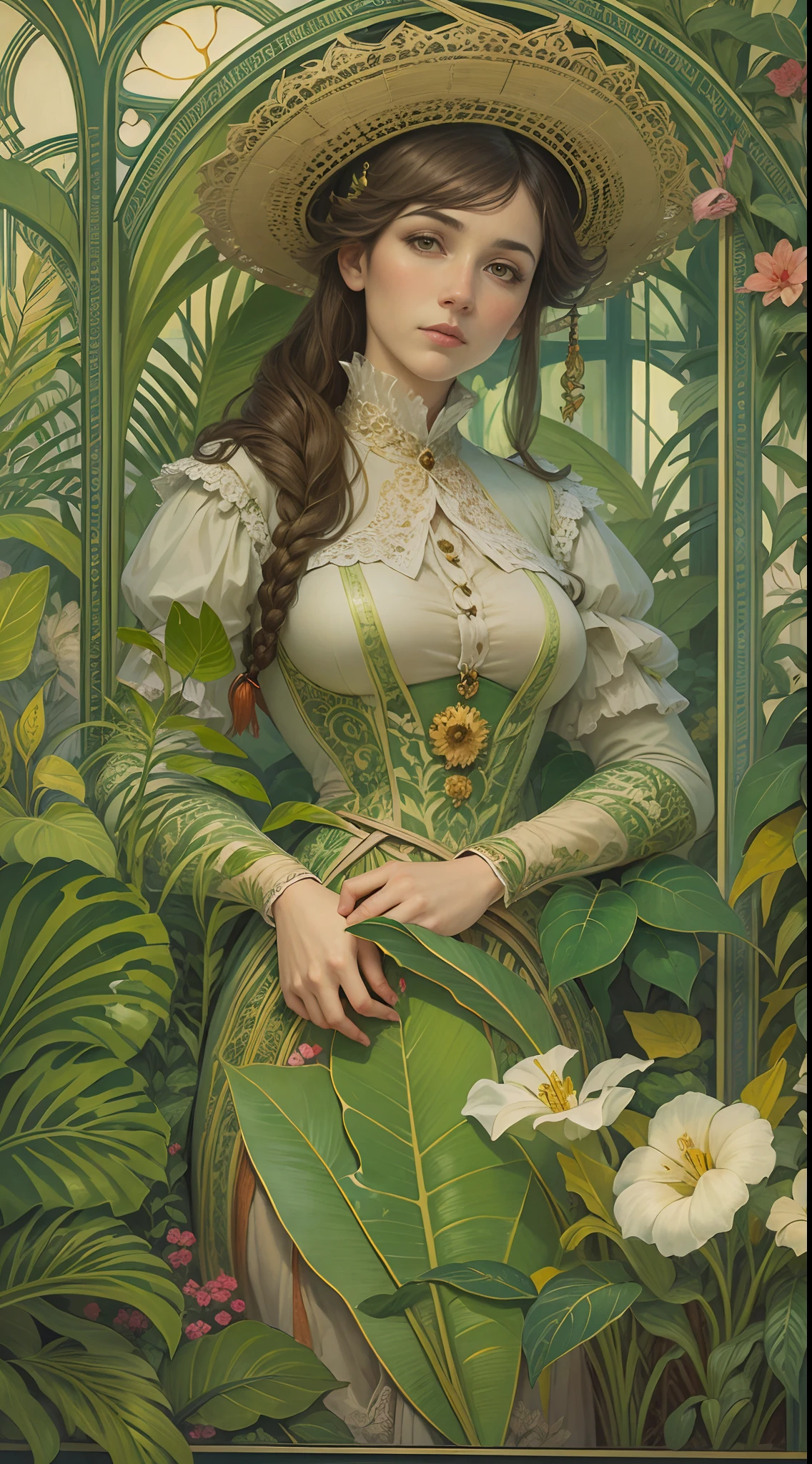 Art Nouveau painting of a female botanist surrounded by exotic plants in a greenhouse, cowboy shot.
