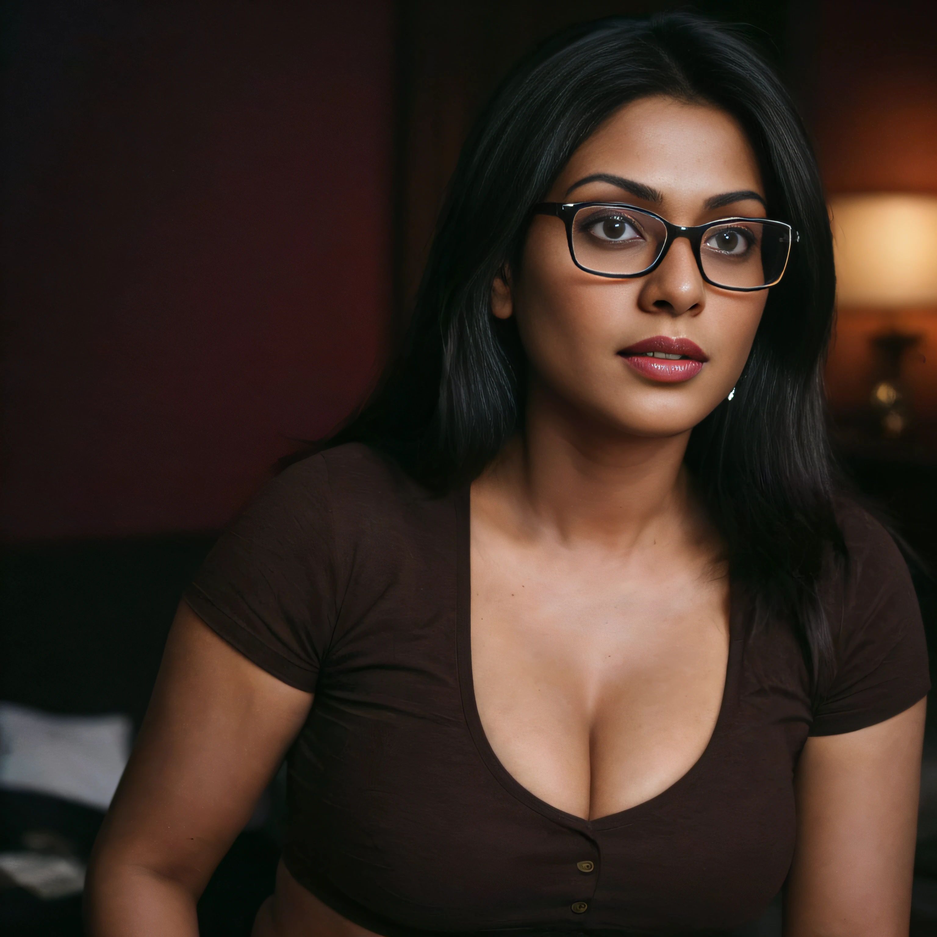 (wide shot, editorial photograph of a 30 years old dusky brown Indian woman), karla ortiz, (highly detailed indian face:1.4) (smile:0.7) (background party night , moody, private study:1.3) POV, by lee jeffries, nikon d850, film stock photograph ,4 kodak portra 400 ,camera f1.6 lens ,rich colors ,hyper realistic ,lifelike texture, dramatic lighting , cinestill 800, realistic, actress, wearing a brown cropped T-shirt , wearing Black square glasses, posing!!, candid picture, by Max Dauthendey, slight clevage, navel, brown skinned, long oval face shape, long thick hair, black hair, medium body, hour glass body,