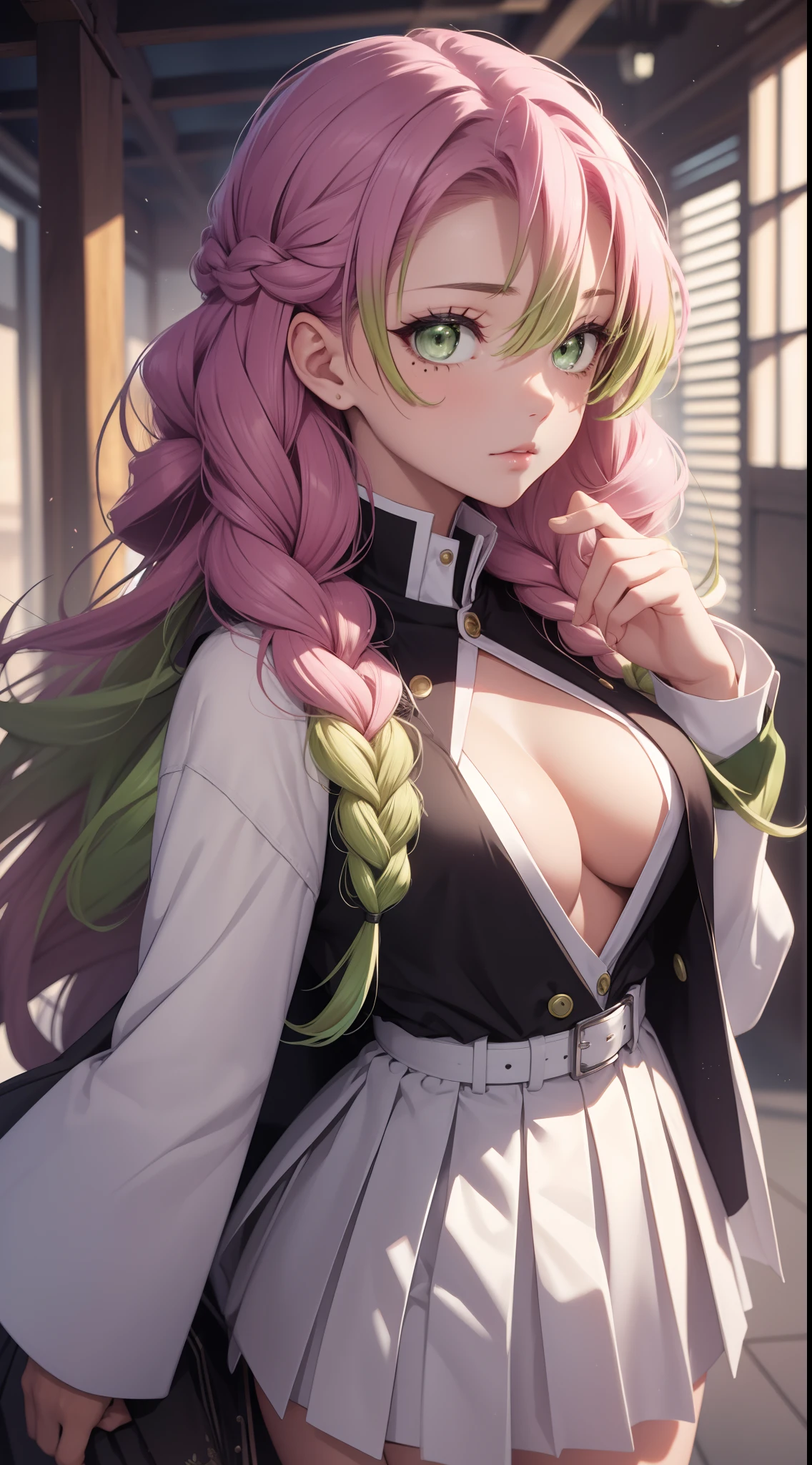 mitsurikanroji, mitsuri kanroji, braid, gradient hair, (green eyes:1.5), green hair, long hair, mole,  mole under eye, multicolored hair, pink hair, twin braids, two-tone hair,
BREAK belt, black skirt, cleavage, coat, demon slayer uniform, haori, japanese clothes, long sleeves, miniskirt,  partially unbuttoned, pleated skirt, skirt, uniform,
BREAK looking at viewer,
BREAK indoors,
BREAK (masterpiece:1.2), best quality, high resolution, unity 8k wallpaper, (illustration:0.8), (beautiful detailed eyes:1.6), extremely detailed face, perfect lighting, extremely detailed CG, (perfect hands, perfect anatomy),