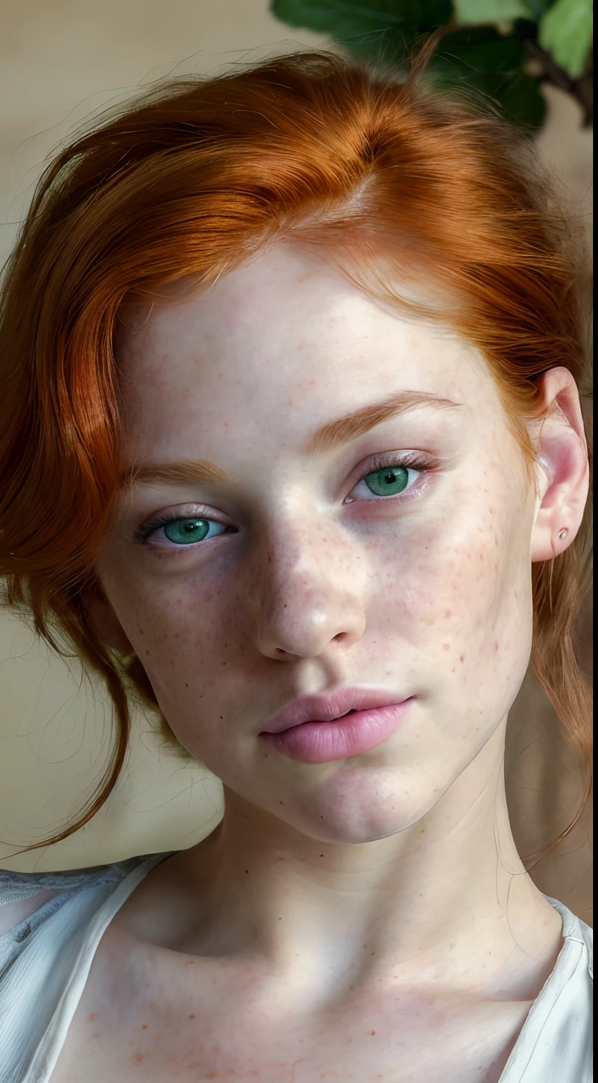 (best quality,4k,8k,highres,masterpiece:1.2),ultra-detailed,(realistic,photorealistic,photo-realistic:1.37)realistic woman,red hair,normal features, masculine features, small lips, freckles, nose with a bump, green eyes,average face, tired expression,vivid colors,portraits