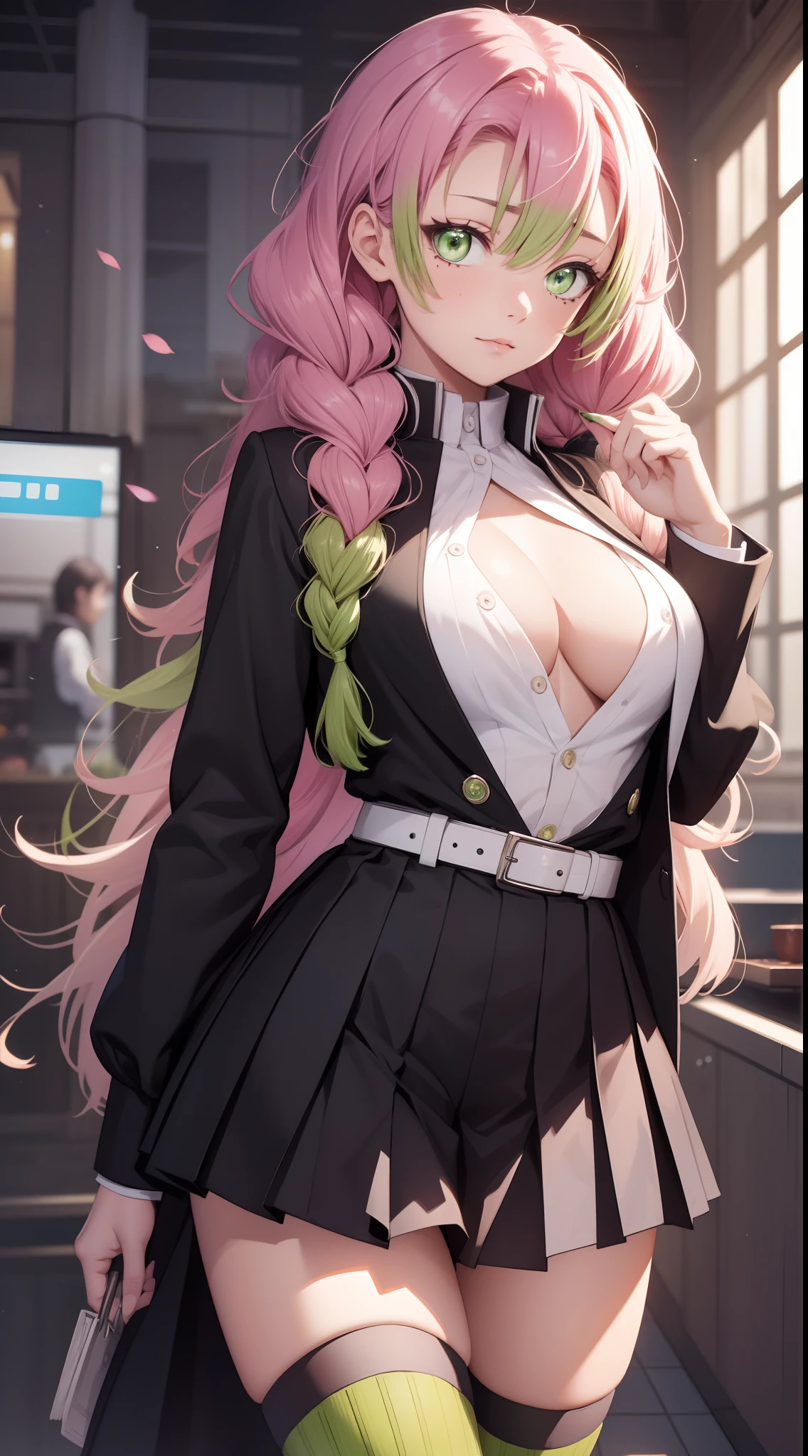 mitsurikanroji, mitsuri kanroji, braid, gradient hair, (green eyes:1.5), green hair, long hair, mole,  mole under eye, multicolored hair, pink hair, twin braids, two-tone hair,
BREAK belt, black skirt, cleavage, coat, demon slayer uniform, haori, japanese clothes, long sleeves, miniskirt,  partially unbuttoned, pleated skirt, skirt, uniform,
BREAK looking at viewer,
BREAK indoors,
BREAK (masterpiece:1.2), best quality, high resolution, unity 8k wallpaper, (illustration:0.8), (beautiful detailed eyes:1.6), extremely detailed face, perfect lighting, extremely detailed CG, (perfect hands, perfect anatomy),