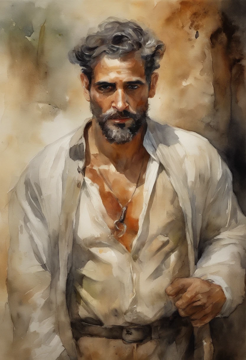 Um homem ajoelhado rezando, roupas surradas e rasgadas, rua onde vielas se encontram, personagem masculino de meia-idade, com cabelos grisalhos e barba por fazer. His expression of agony is frozen on his pale face, cena vista de frente, um vulto sutil em uma parte das vielas