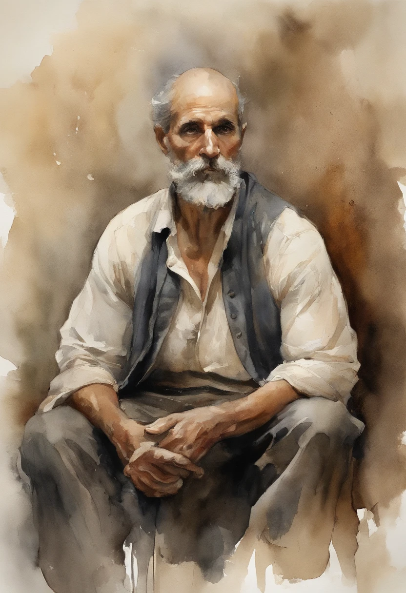 Um homem ajoelhado rezando, roupas surradas e rasgadas, rua onde vielas se encontram, personagem masculino de meia-idade, com cabelos grisalhos e barba por fazer. His expression of agony is frozen on his pale face, cena vista de frente, um vulto sutil em uma parte das vielas
