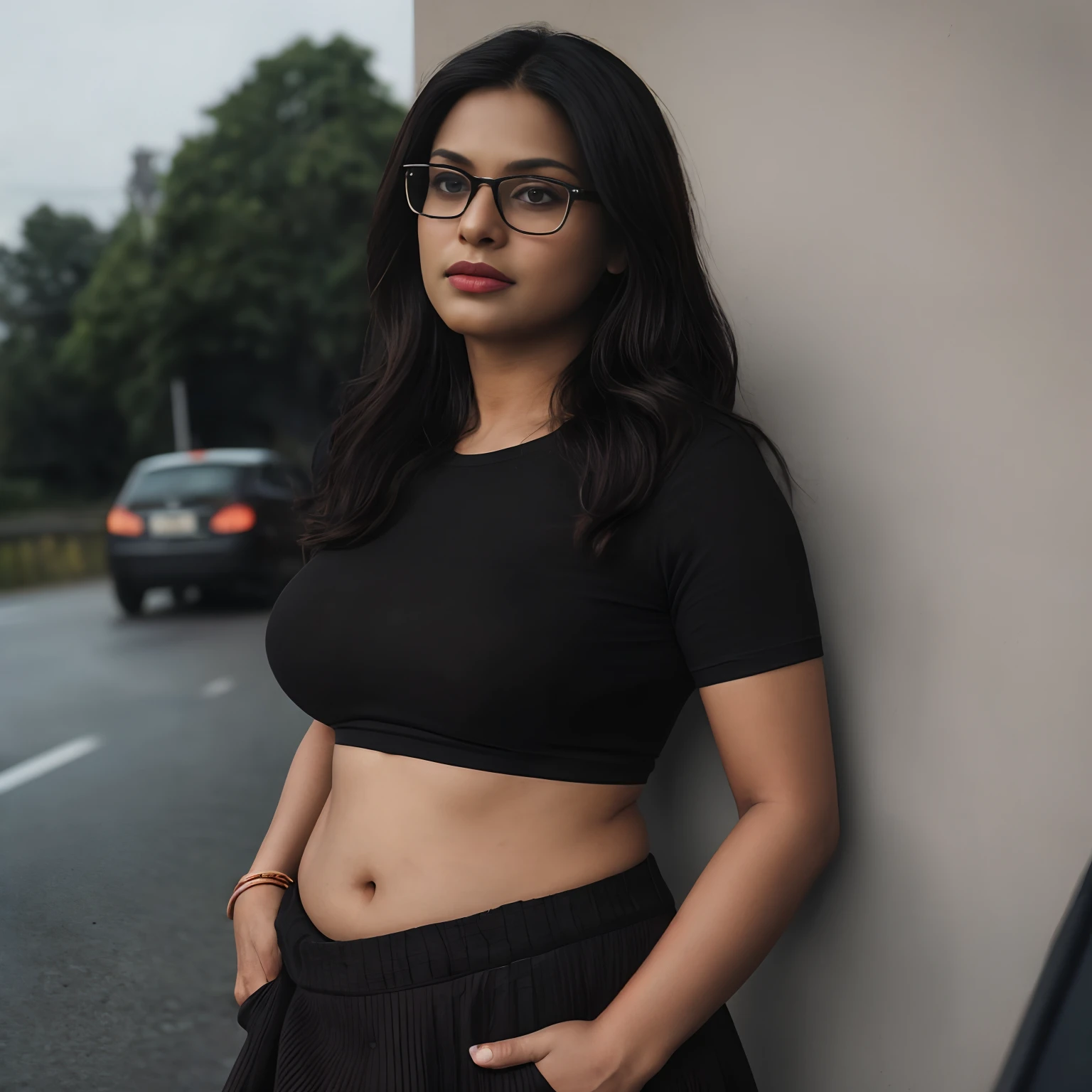 (wide shot, editorial photograph of a 30 years old dusky brown Indian woman), karla ortiz, (highly detailed indian face:1.4) (smile:0.7) (background busy indian city roads, in the indian road, moody, private study:1.3) POV, by lee jeffries, nikon d850, film stock photograph ,4 kodak portra 400 ,camera f1.6 lens ,rich colors ,hyper realistic ,lifelike texture, dramatic lighting , cinestill 800, realistic, actress, wearing a brown cropped T-shirt and a black skirt , wearing Black square glasses, posing!!, candid picture, by Max Dauthendey, slight clevage, navel, brown skinned, long oval face shape, long thick hair, black hair, medium body, hour glass body,