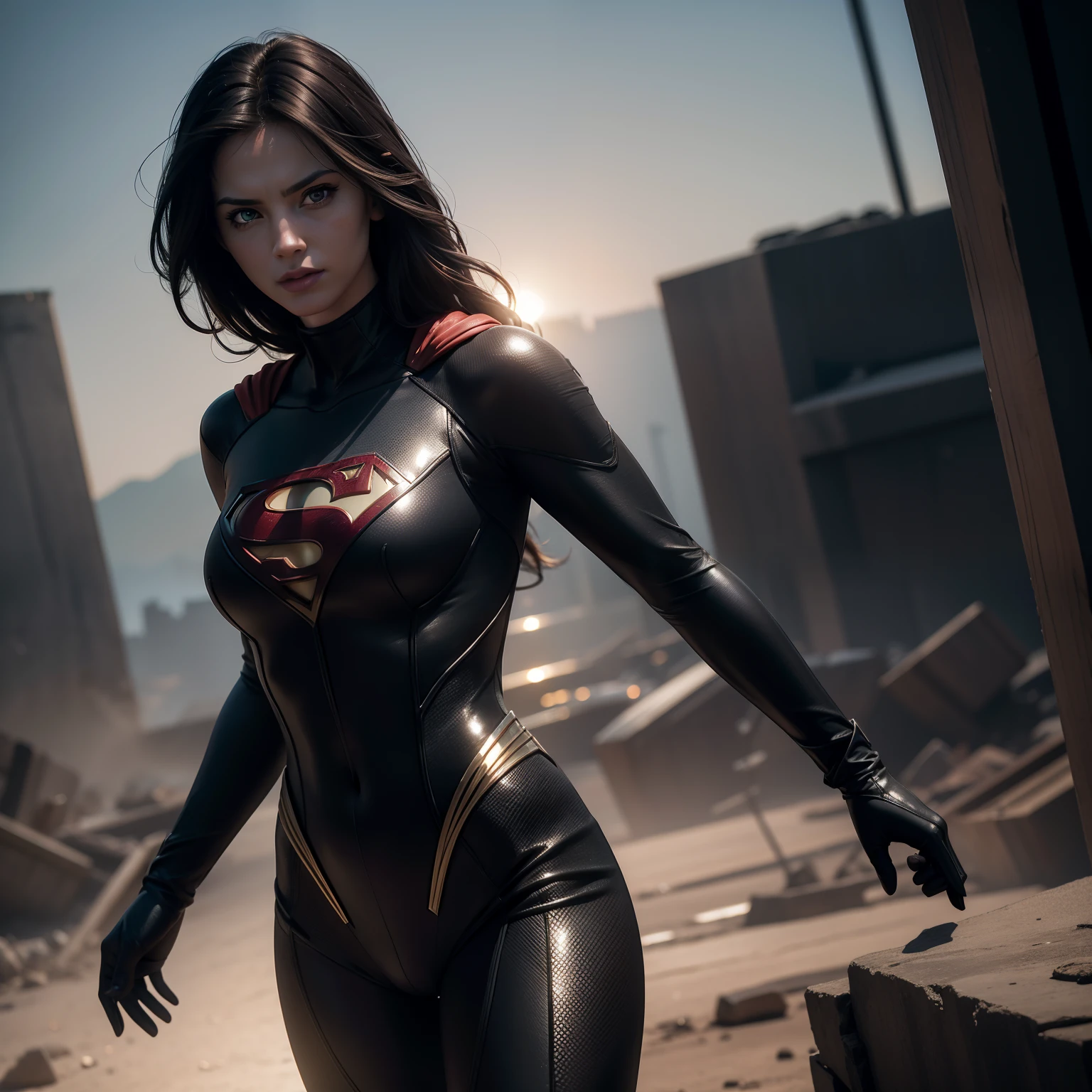 Superman (woman, black catsuit) от DC Comics, CGI with clear focus, Photorealistic, high detail, Realistic, Masterpiece, absurdress, Best Quality, HDR, hiquality, hight resolution, Extremely detailed, 8k wallpaper, intricate details, 8K UHD, Full-HD, (foto realista:1.2), Contrast, sharp lighting, Cinematic lighting, natural lighting, hard light, Backlighting, Global Illumination, Environment Occlusion