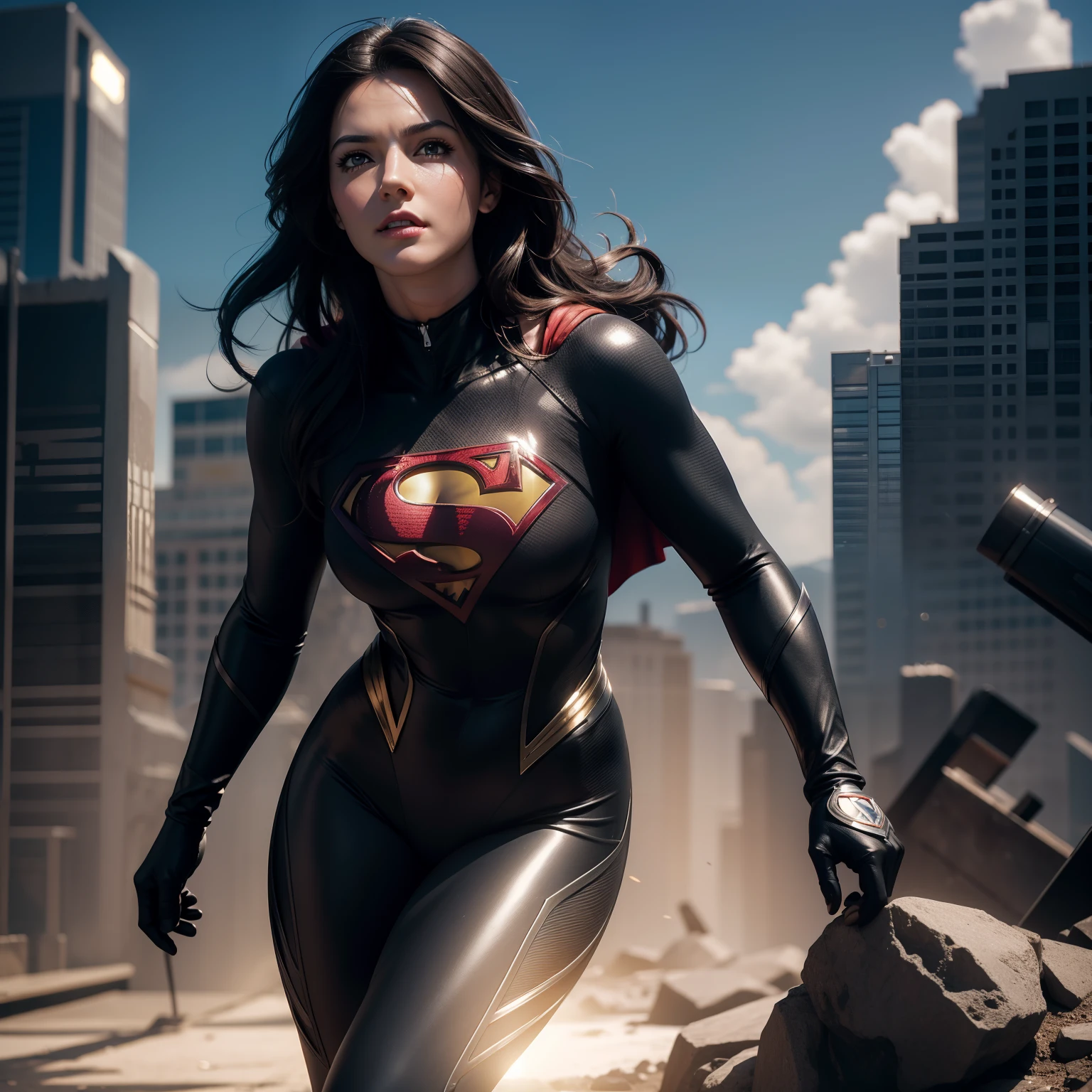 Superman (woman, black catsuit) от DC Comics, CGI with clear focus, Photorealistic, high detail, Realistic, Masterpiece, absurdress, Best Quality, HDR, hiquality, hight resolution, Extremely detailed, 8k wallpaper, intricate details, 8K UHD, Full-HD, (foto realista:1.2), Contrast, sharp lighting, Cinematic lighting, natural lighting, hard light, Backlighting, Global Illumination, Environment Occlusion
