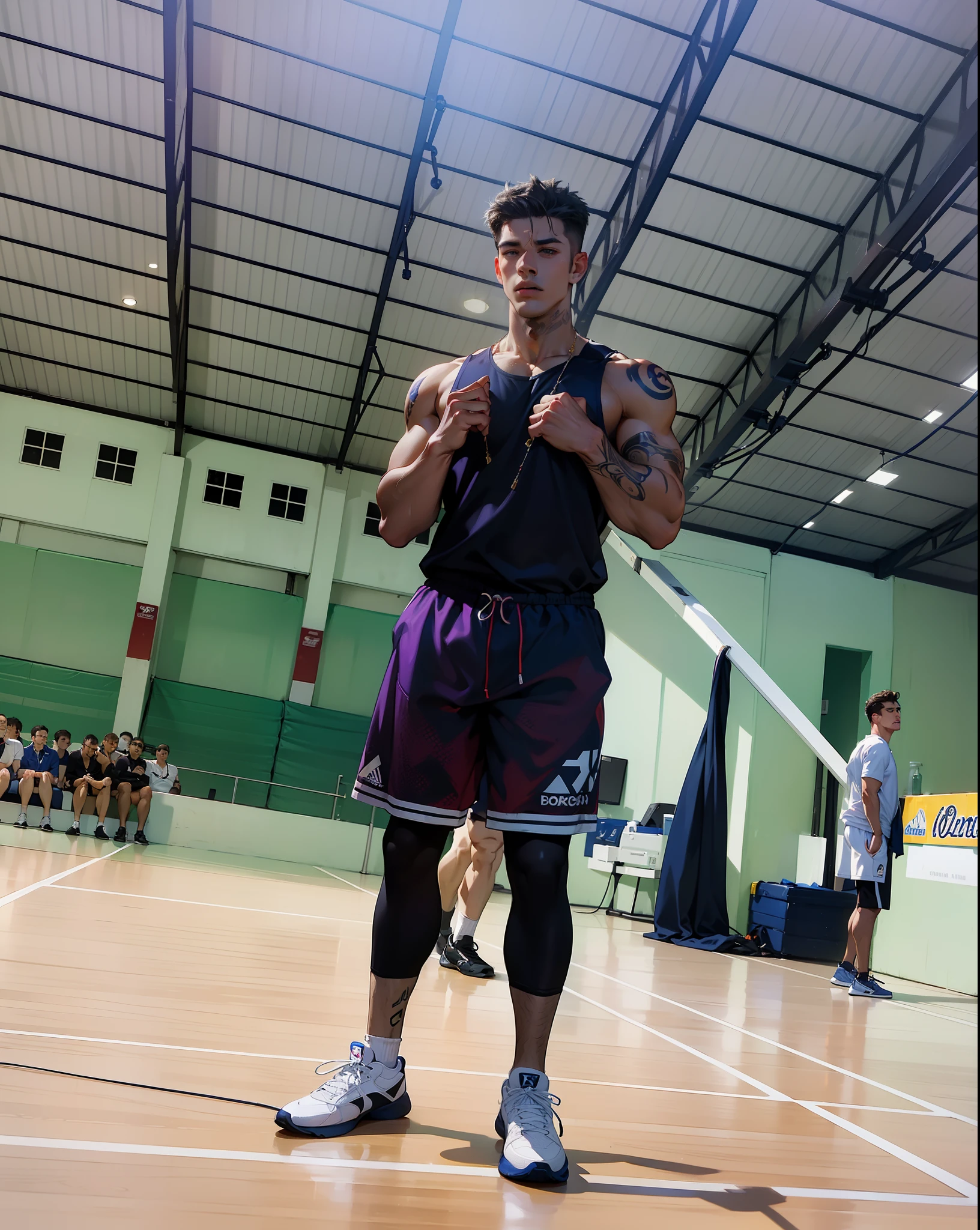 (masterpiece, top quality, high resolution), 1male, ((athlete)), (hunky, handsome man, extremely handsome, ridiculously handsome, attractive man, strong masculine features), (shirtless, undressed, Open chest), (big muscle, big chest, abs), (wearing a necklace, basketball suit, sportswear, tattooed) sfw,
