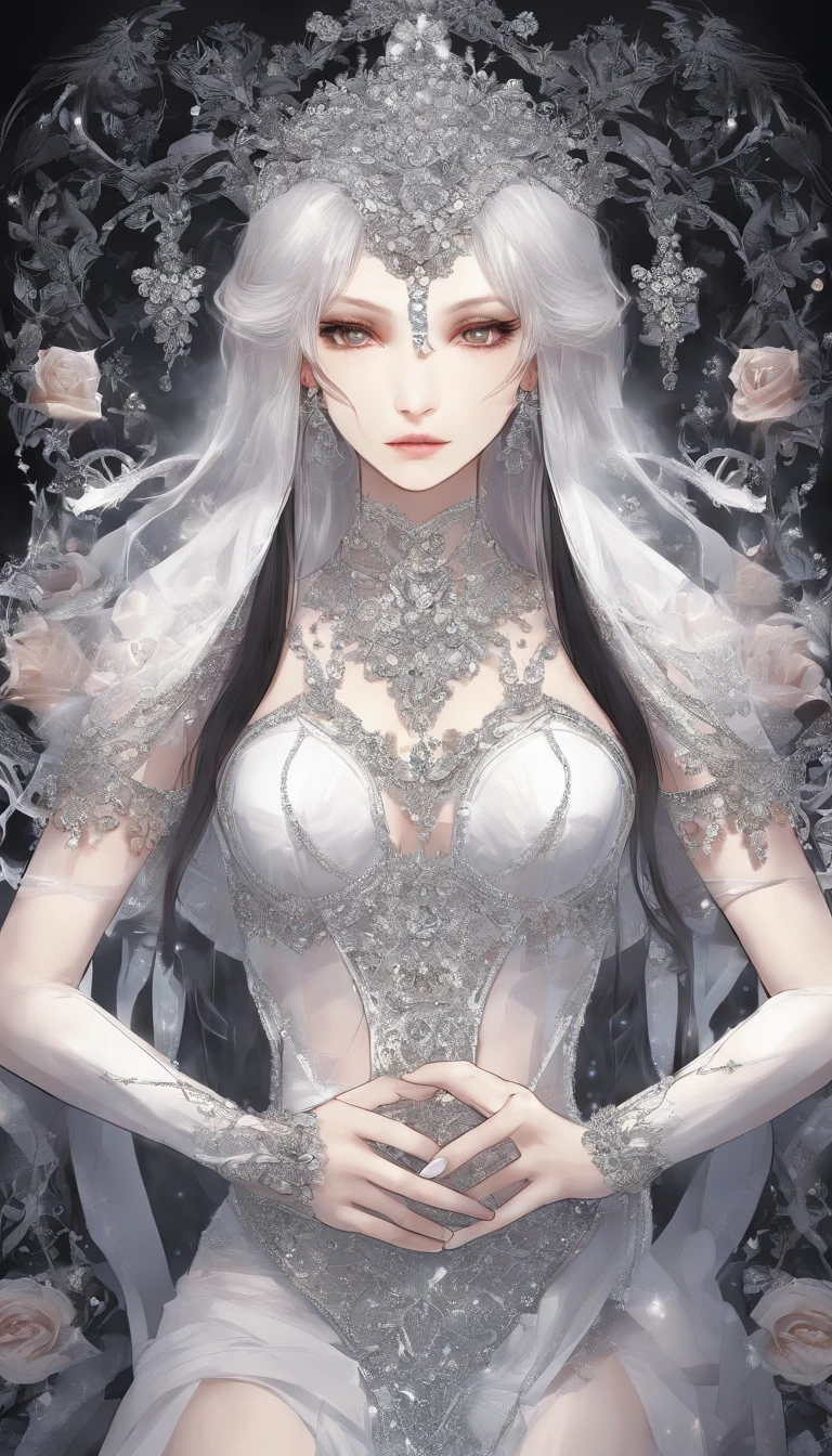 (((Masterpiece, photorealistic, photorealism, 8k, best quality, ultra-detailed))), cinematic light, official art, (1girl:1.3), (solo:1.4), (((sit))), trunk, sideways, medium breasts, narrow waist, sexually seductive, barefoot, (((goddess))), gorgeous and sexy costumes,photography, ((((crystal and diamond decoration)))), china dress, black stockings, ((((white rose background)))), white hair, fair skin, bare shoulders, navel, hair ornament, fantasy, (((magic glow)))