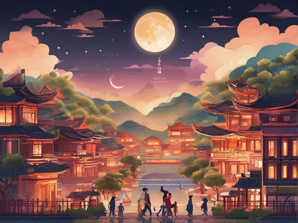 Mid-Autumn Festival,A huge moon floated over the city,The family sits together eating mooncakes,Mom and dad laugh with the kids,Have in the living room、Bright house scene,Stars shine,Colorful,KIDS ILLUSTRATION,Glow effect,Dingdall effect,depth of fields,Highlight,Real light,Ray traching,oc rendered,Hyper-realistic,best qualtiy,8K,Works of masters,super-fine,Detailed pubic hair,Correct anatomy,sharp focus on eyes,Bokeh,Carefully drawn facial features,Mother,Make mooncakes,The lantern glows