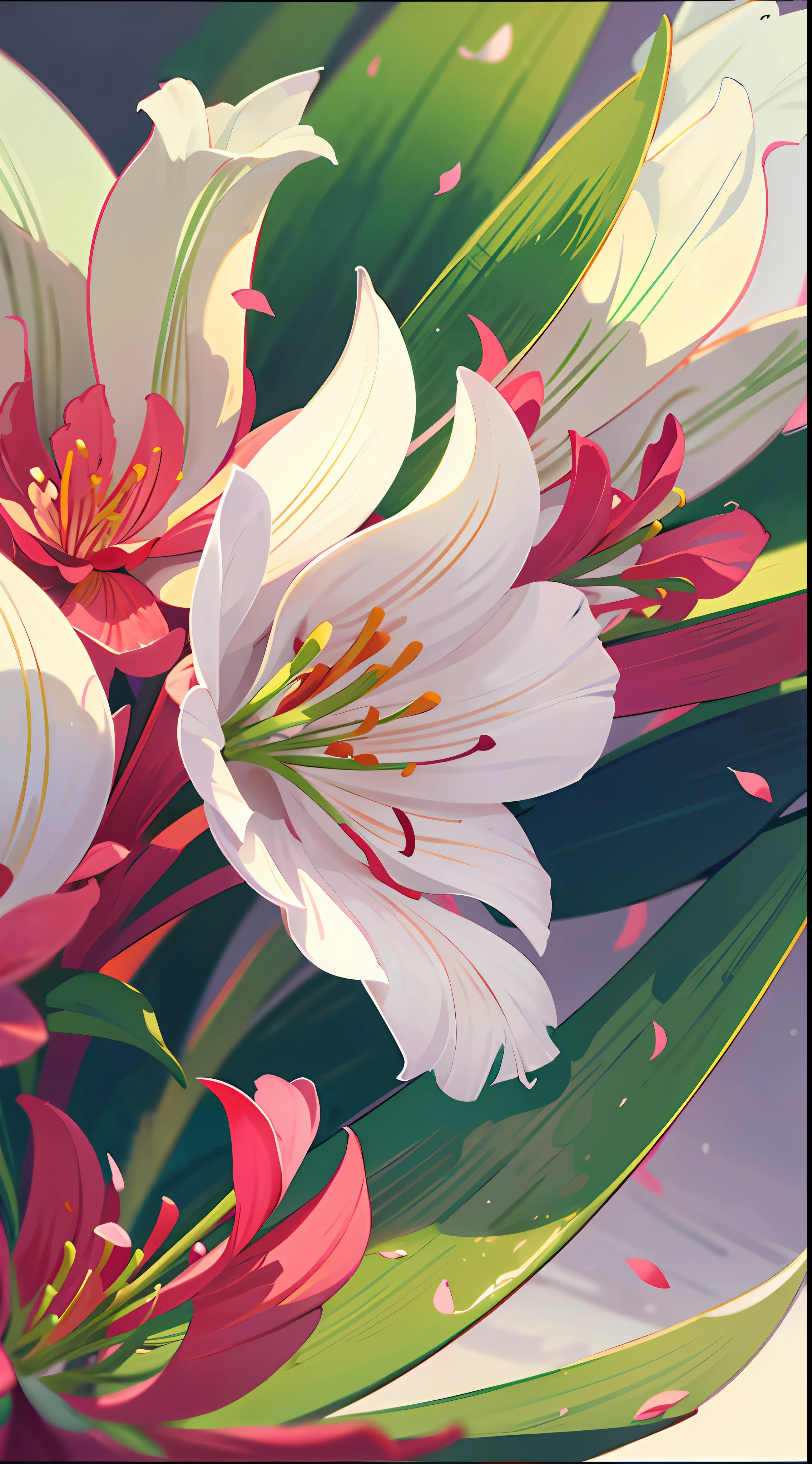 Close-up of lilies, high-precision picture quality, beautiful white background showing a lily picture. White lilies bloom towards us in pictures, capturing every corner of the human eye. The details of the petals are delicate and gorgeous, the exotic ears take on a sense of mystery, and the glowing details make the flowers look even more delicate. Improve the details of the stem and flower of the cosmic lily to make the picture more perfect.