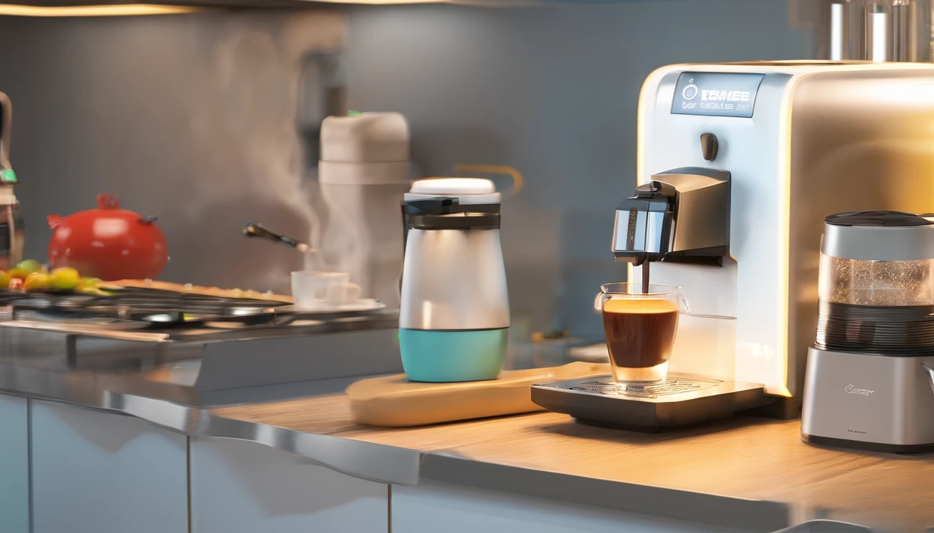 Background with:(space,sea of stars)IvoryGoldAI:coffee machines,rice cooker,Electric kettle,Computer),mistic,Strong sense of technology,The details of the device are clear and complete,The composition is detailed,