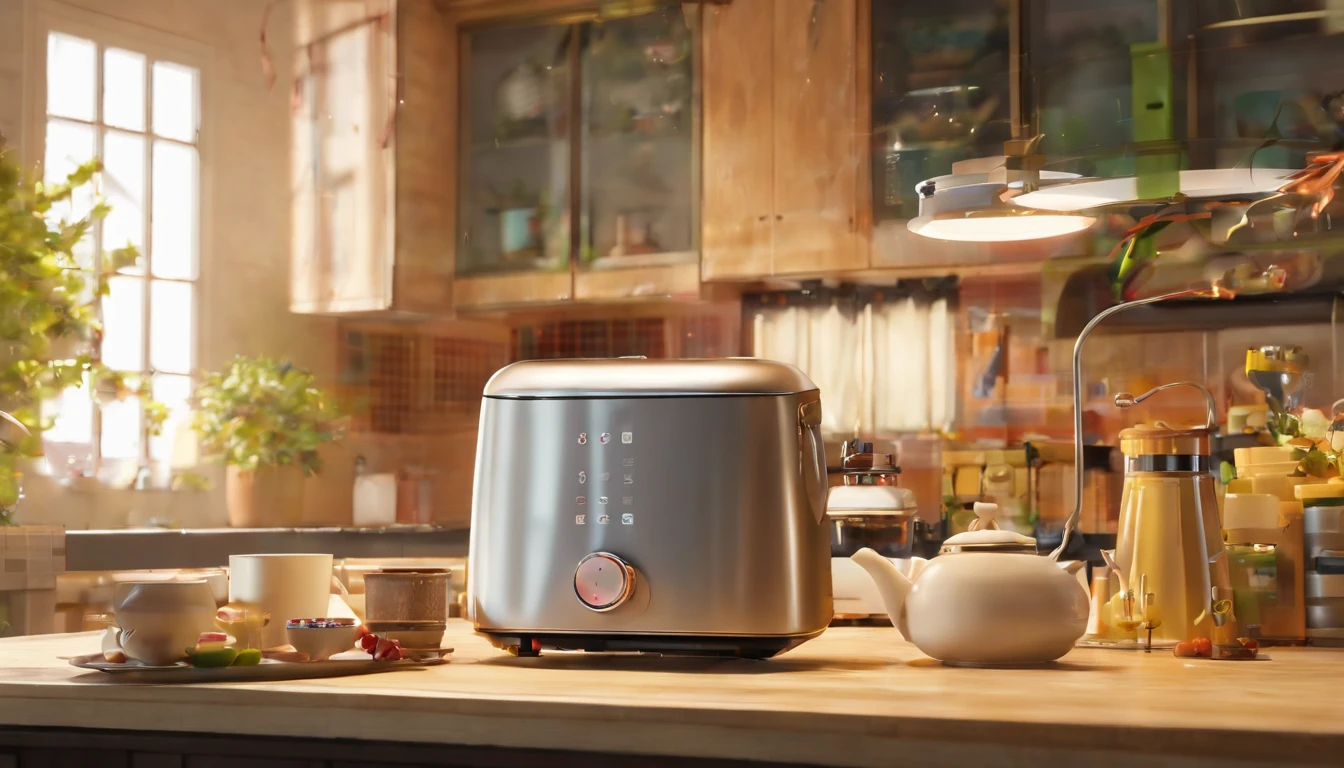 Background with:(space,sea of stars)IvoryGoldAI:coffee machines,rice cooker,Electric kettle,Computer),mistic,Strong sense of technology,The details of the device are clear and complete,The composition is detailed,
