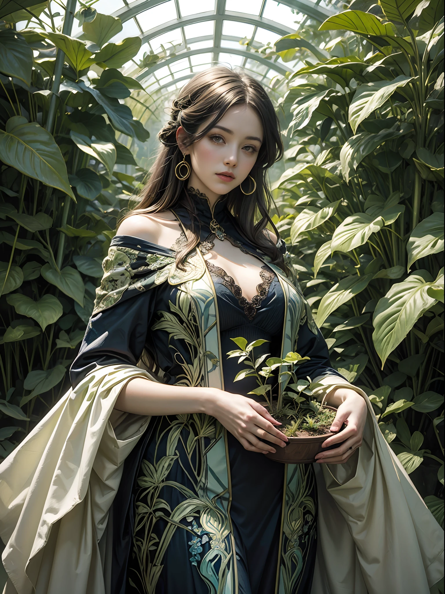 ((Art Nouveau)) painting of a female botanist surrounded by exotic plants in a greenhouse, (cowboy shot)
