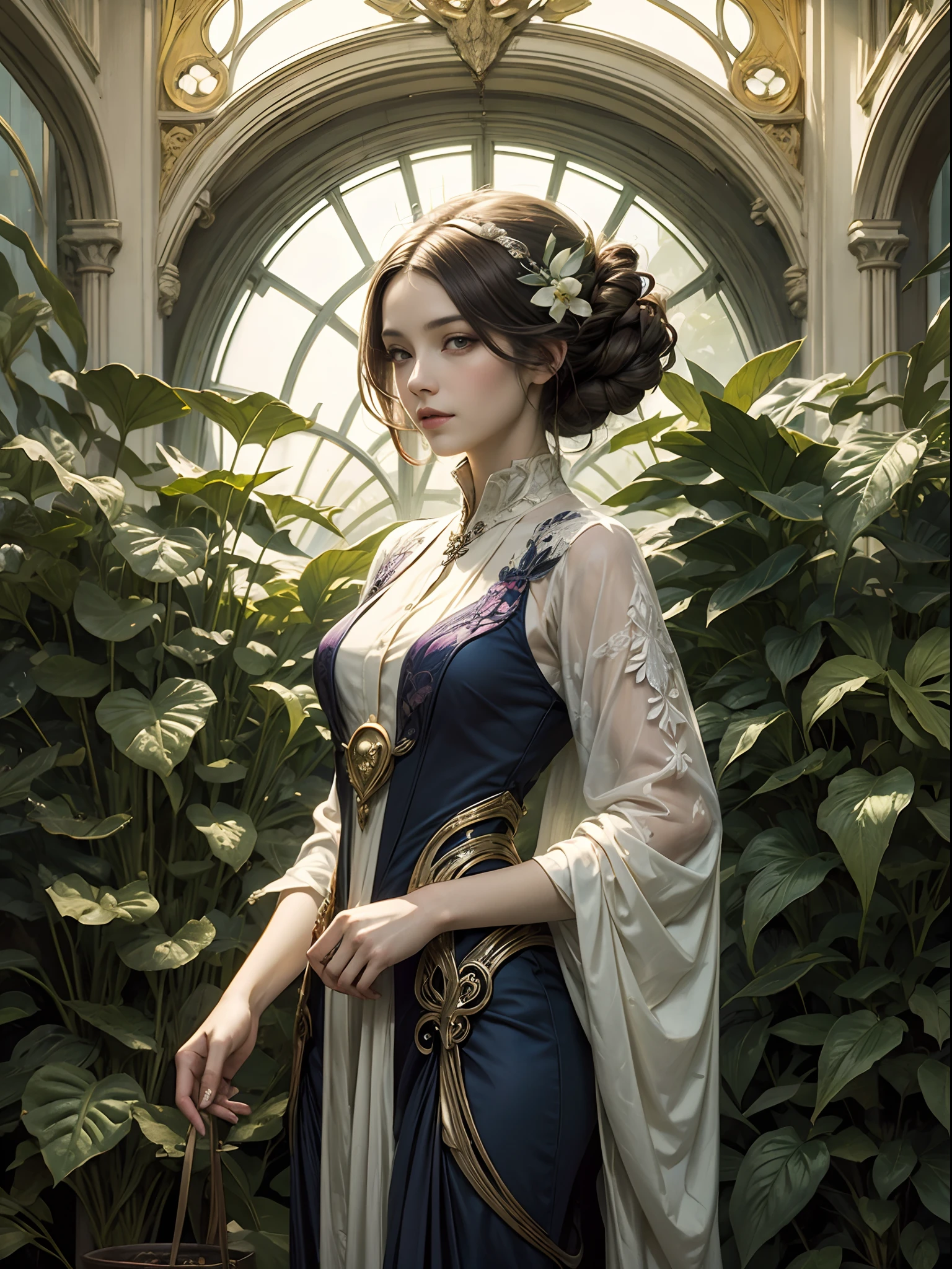 ((Art Nouveau)) painting of a female botanist surrounded by exotic plants in a greenhouse, (cowboy shot)