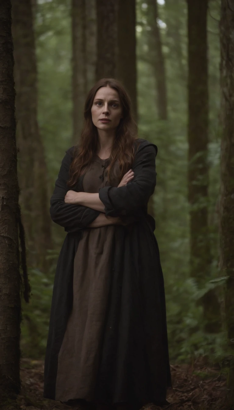 une personne a coter de sa tente dans la foret, The forest is very dark and gloomy, la personne avec visage terrifier, It is equipped with a flashlight