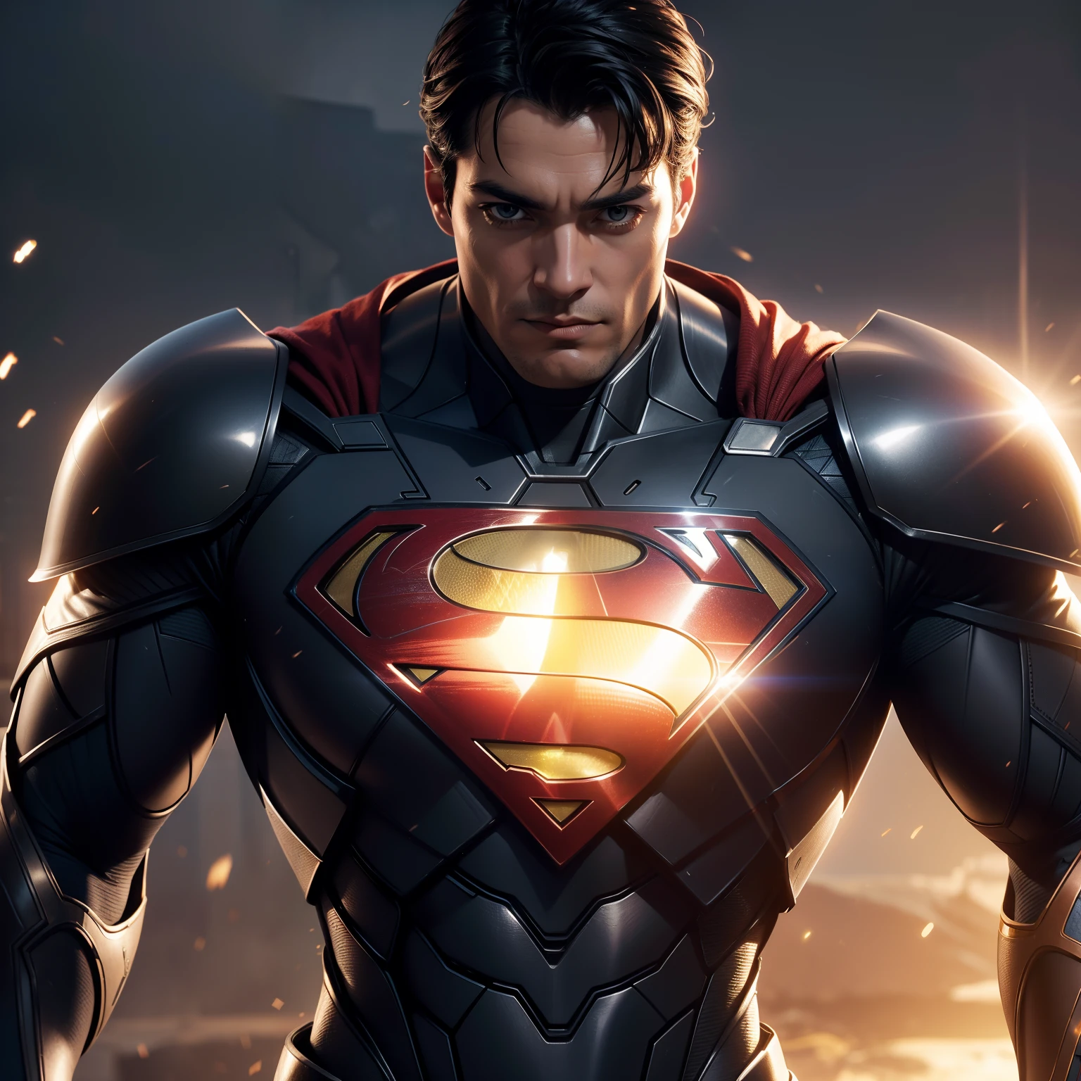 Evil Superman in black suit with red eyes, hovering above Gotham after he's burnt it. Batman looks on in dismay