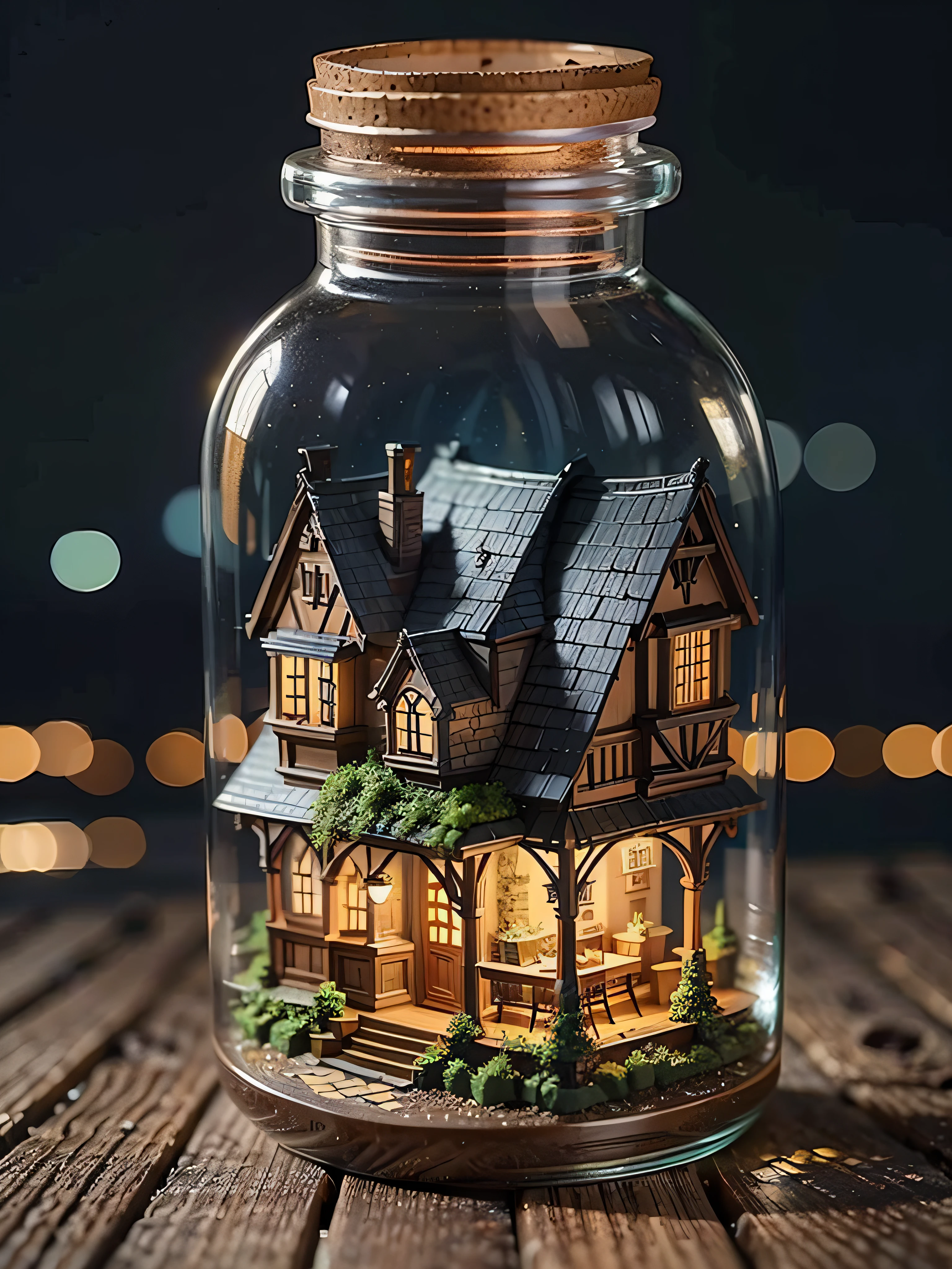 mini house, landscape, old fashion, nature, night light, nature background, a bottle, in the bottle, high detailed, masterpiece, best quality,  night light, bottle, in glass bottle,  street, masterpiece, best best quality, high realistic, city,  (masterpiece,best quality:1.5)