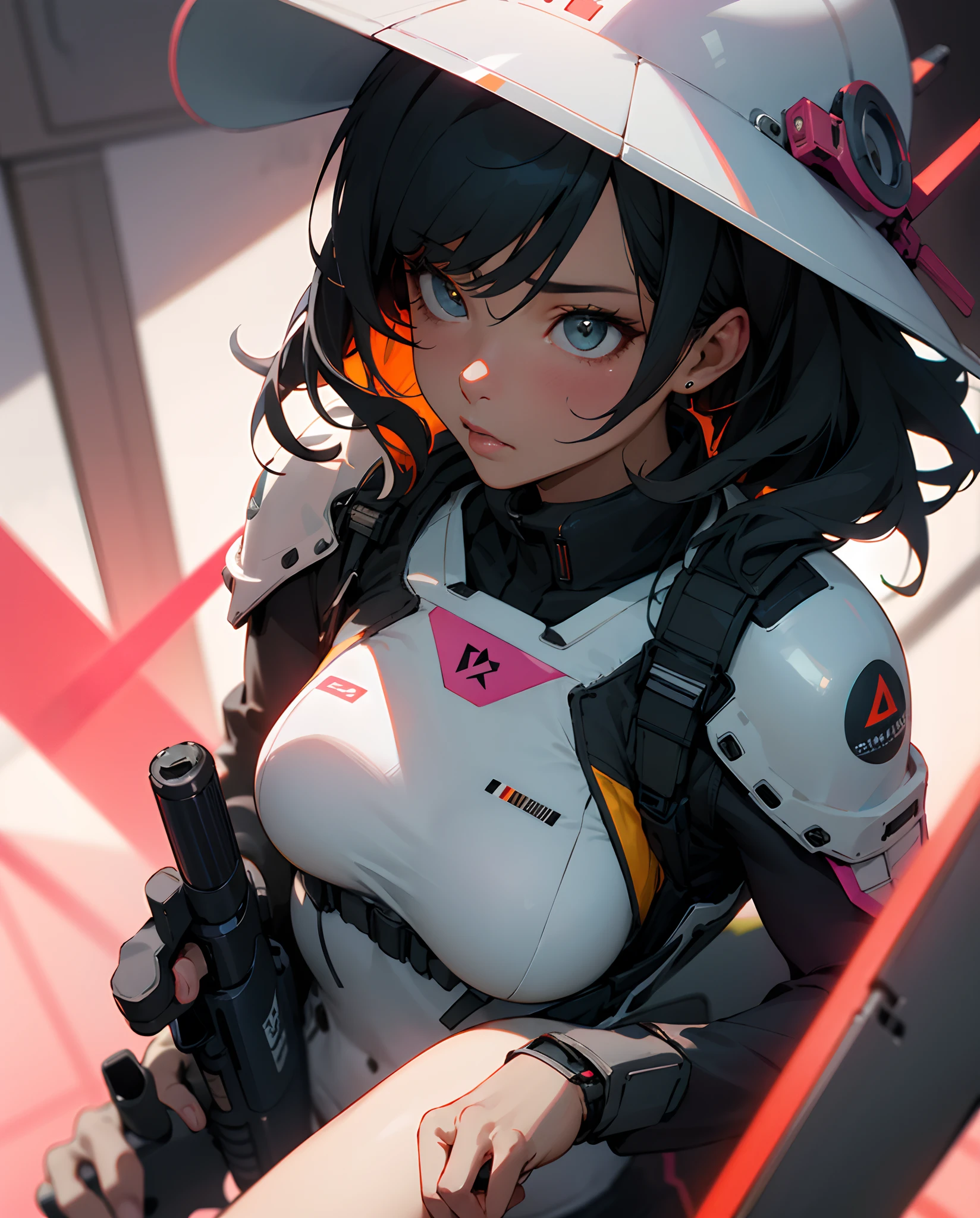 masutepiece,
Best Quality,
hight resolution,
extremely detailed 8K,
Ultra HD,
Ultra-detailed,
Highly detailed,
Highly realistic,
Ultra-realistic,
photos realistic,
Beautiful girl with sexy body,,
1girll:1.5,
Woman with black semi-long black hair and tanned skin,
Wearing a futuristic military helmet,
Military helmets are fitted with goggles,
Holding a futuristic laser gun in his hand,
Women's costumes are futuristic military armor,
Makes the whole face vivid,
Her image renders pink,