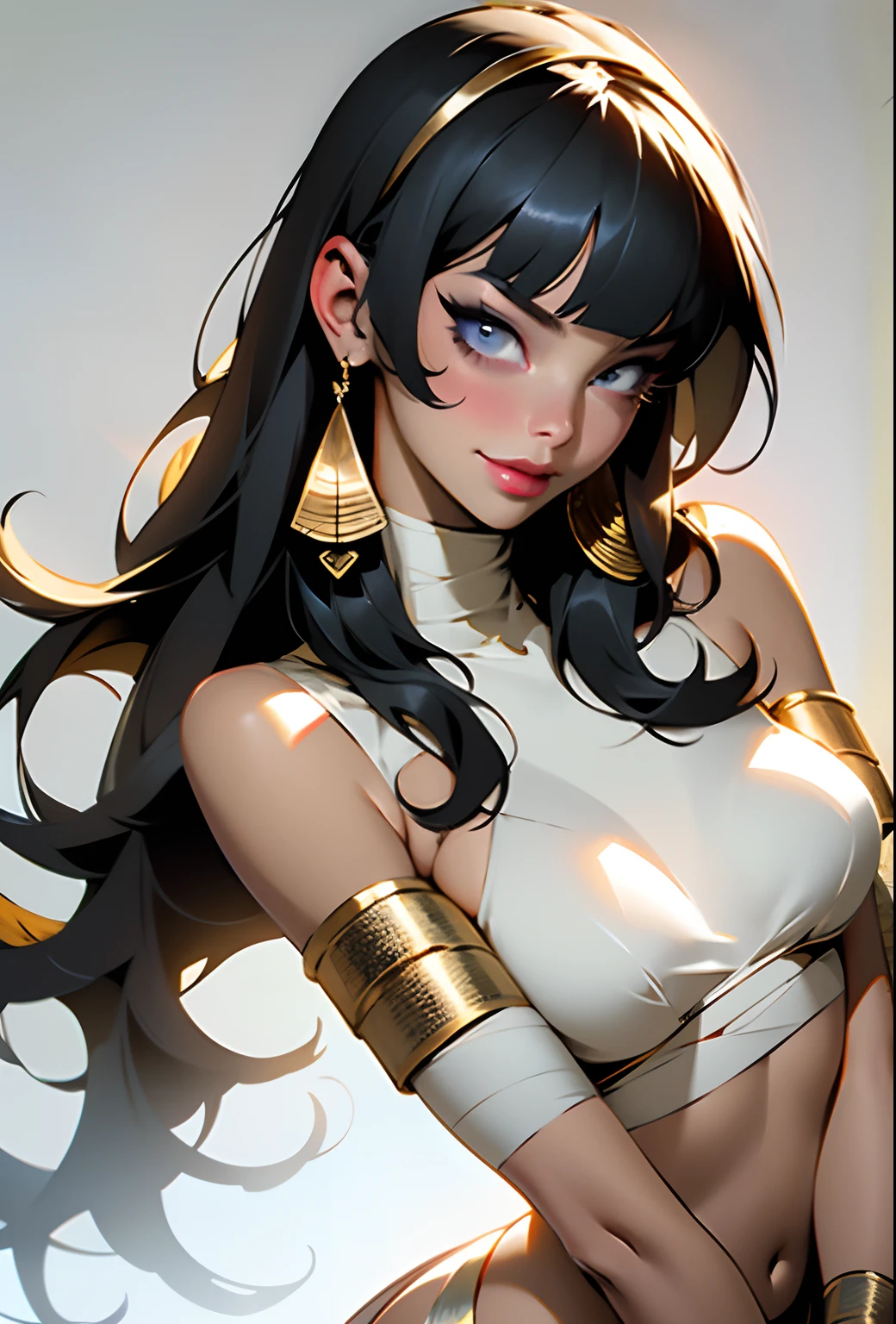 Female mummy, gorgeous face, full body, Cleopatra, all bandaged in black, ((bandaged breasts)), ((bandaged arms)), bare belly, navel, bandaged thighs, tiny black thong, torn and tiny thong, Egyptian scratch on head, black hair with short bangs on forehead, Bettie Page, ancient Egypt, in a harem