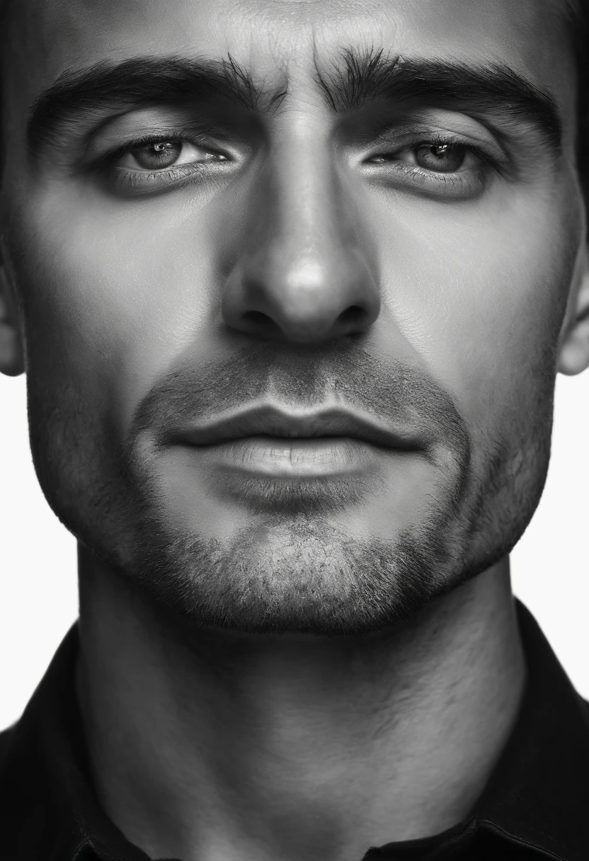 face of a man looking down, black and white hyper realistic image