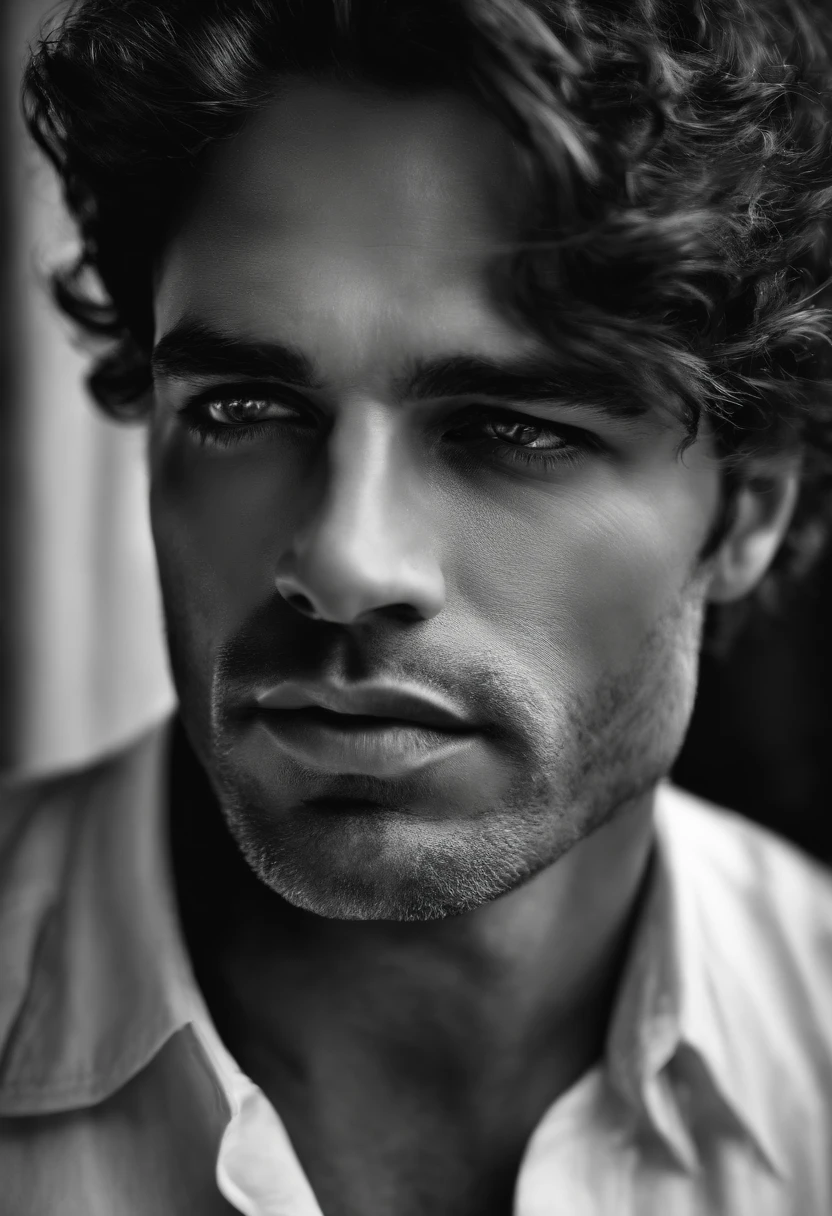 face of a man looking down, black and white hyper realistic image