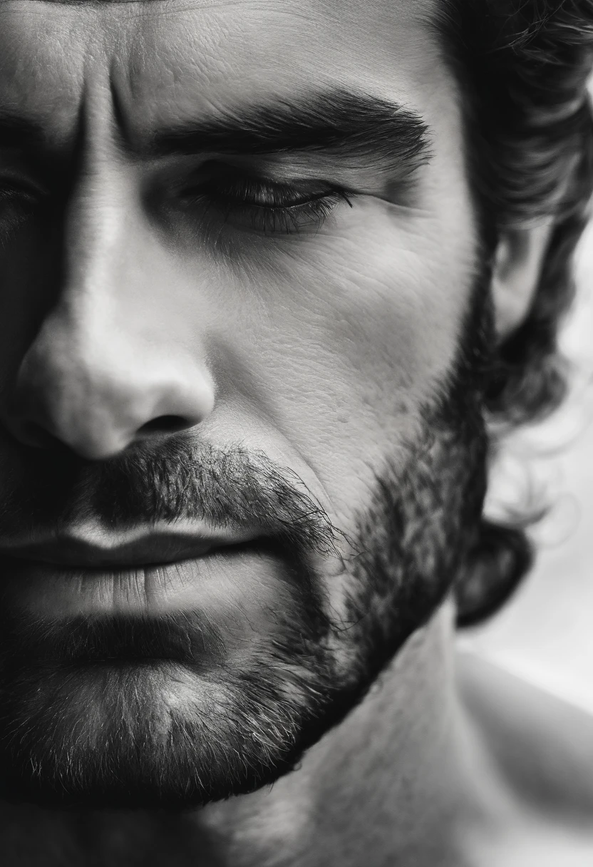 face of a man looking down, black and white hyper realistic image