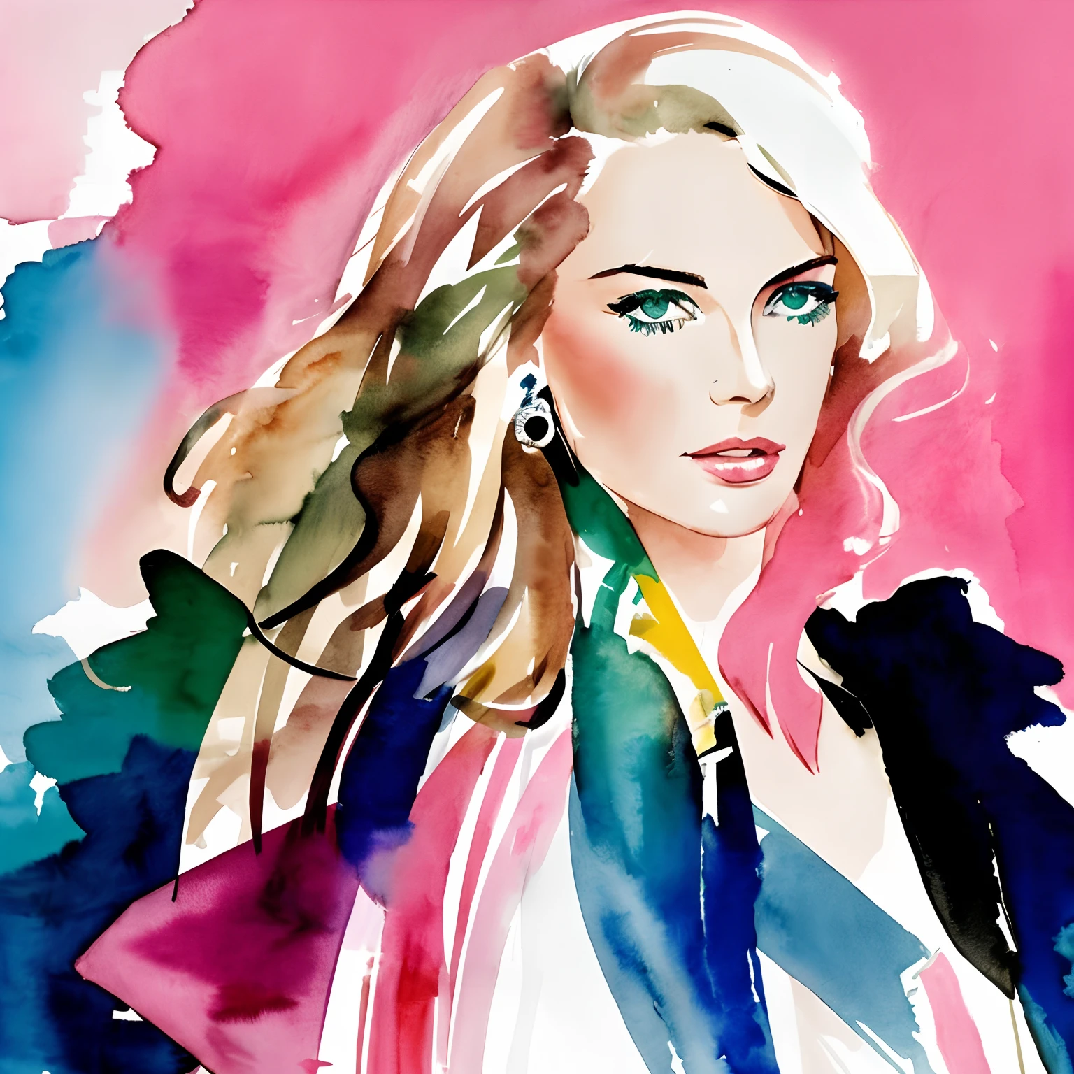 David downton fashion illustration, watercolor drawing, blonde woman, thin hair, pink coat, elegant, street, blue, green, beige, natural gentle colors, starry night