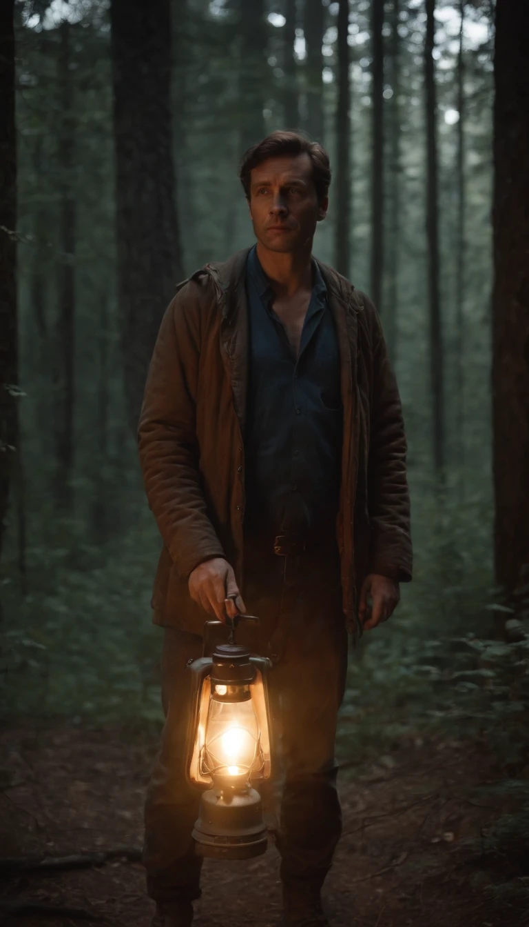 une homme avec une lampe torche a coter de son campement, il est dans une foret tres sombre, la lumiere ne traverse pas le feuillage