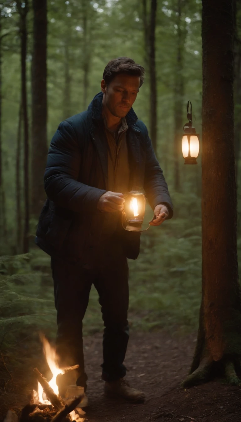 une homme avec une lampe torche a coter de son campement, il est dans une foret tres sombre, la lumiere ne traverse pas le feuillage