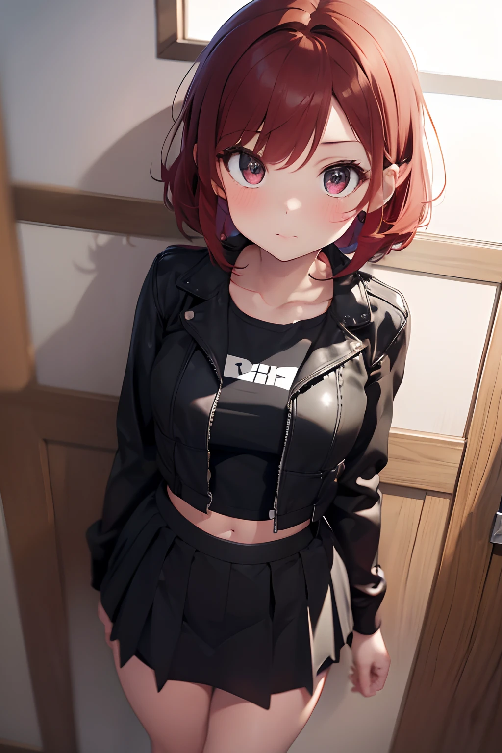 Masterpiece, high resolution, extremely detailed, realistic, 1girl, (((short red hair, brilliant beautiful bright eyes, extremely cute face, round face, big eyes, short, small body, very young, small waist, slender, lovestruck, blushing))), ((white crop top, black leather jacket, short black skirt)), (walking towards viewer, looking at viewer, staring), sunny weather, kabedon