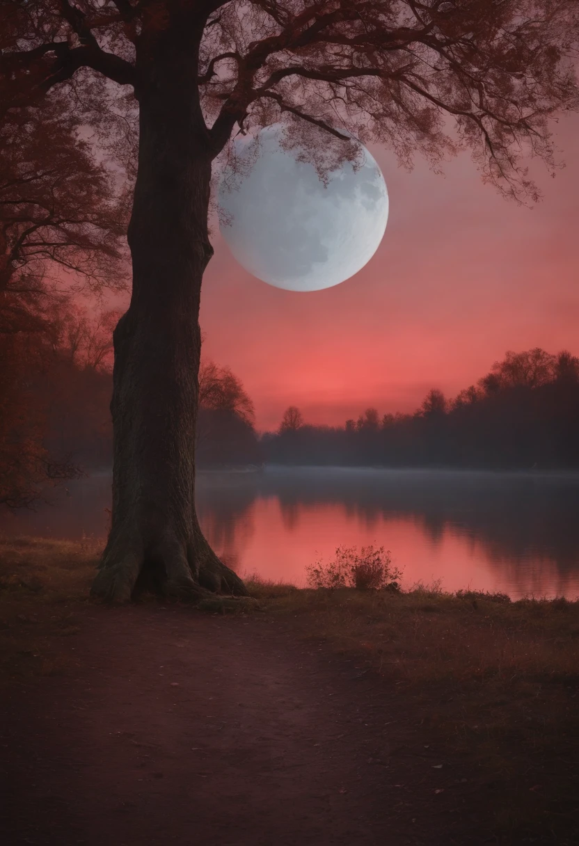 (best quality,8k,ultra-realistic,ultra-fine painting),
blood moon,
detailed moon surface,
vivid colors,
eerie atmosphere,
nighttime landscape,
mysterious shadows,
dramatic lighting,
dark silhouette of trees,
stillness and calmness,
crimson hues,
hauntingly beautiful,
exquisite lunar details,
masterpiece