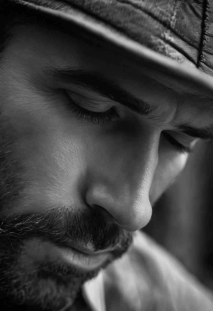 front face of a man looking down, black and white hyper realistic image