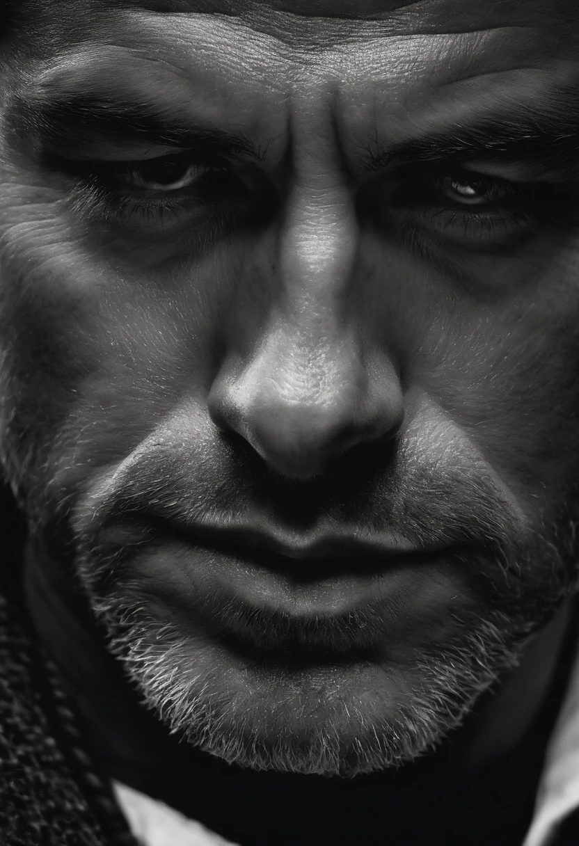 front face of a man looking down, black and white hyper realistic image