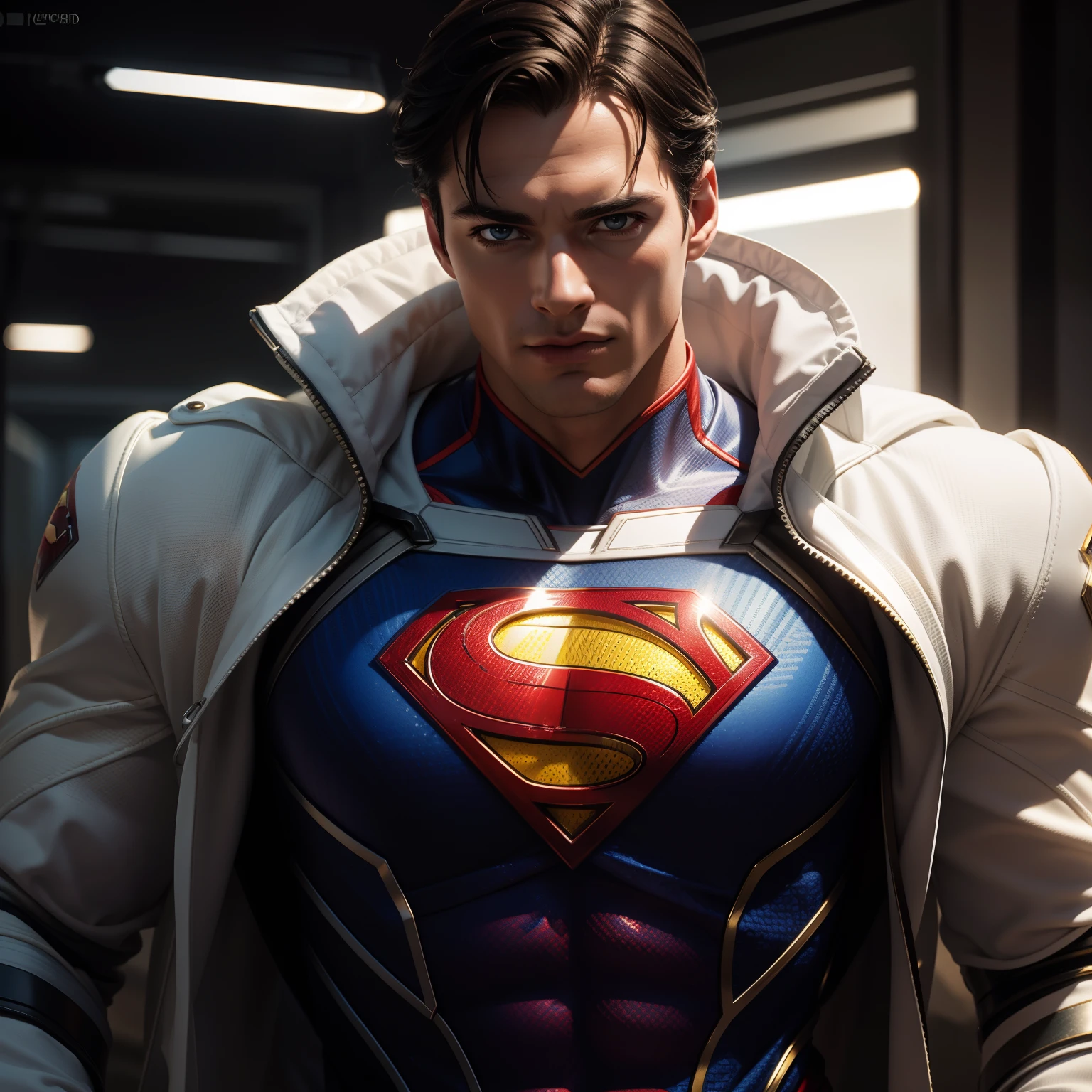 Superman (white suit) from DC Comics, CGI with clear focus, Photorealistic, high detail, Realistic, Masterpiece, absurdress, Best Quality, HDR, hiquality, hight resolution, Extremely detailed, 8k wallpaper, intricate details, 8K UHD, Full-HD, (foto realista:1.2), Contrast, sharp lighting, Cinematic lighting, natural lighting, hard light, Backlighting, Global Illumination, Environment Occlusion