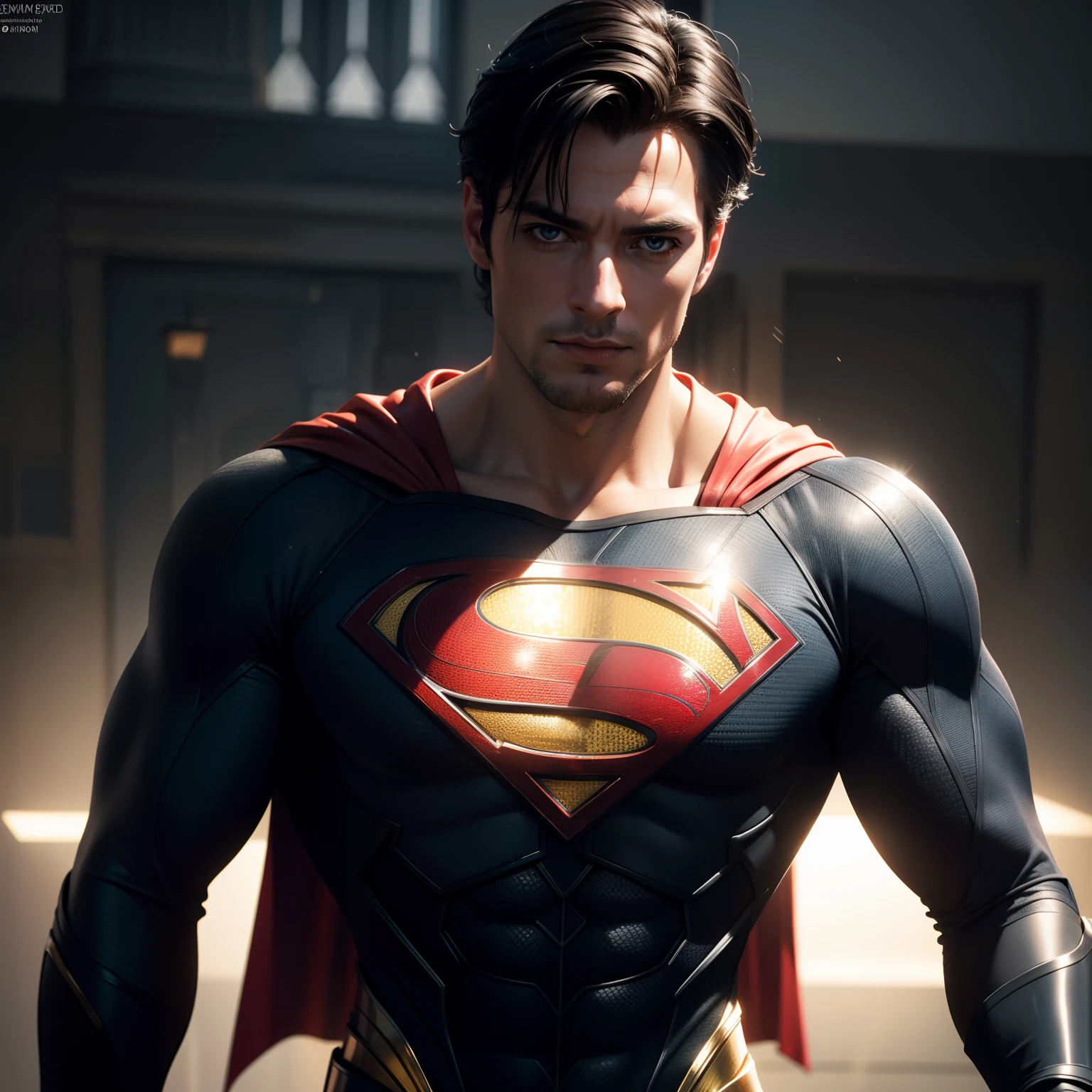 Superman (black suit) from DC Comics, CGI with clear focus, Photorealistic, high detail, Realistic, Masterpiece, absurdress, Best Quality, HDR, hiquality, hight resolution, Extremely detailed, 8k wallpaper, intricate details, 8K UHD, Full-HD, (foto realista:1.2), Contrast, sharp lighting, Cinematic lighting, natural lighting, hard light, Backlighting, Global Illumination, Environment Occlusion